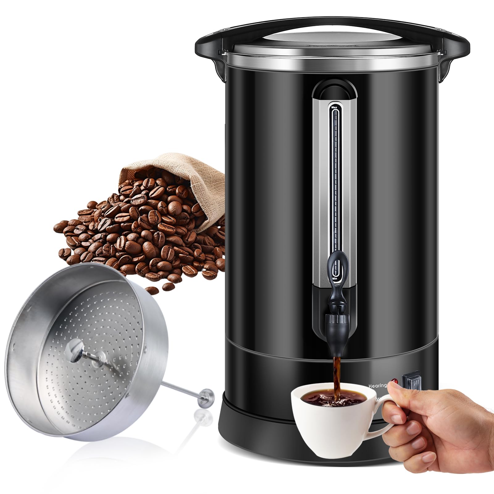 Commercial Stainless Steel Coffee Urn - 100 Cup (14.2L) Large Electric Coffee Dispenser with Double Wall Insulation for Quick Brewing | Perfect for Catering, Restaurants, Offices & Events | Hot Water Dispenser (Black)