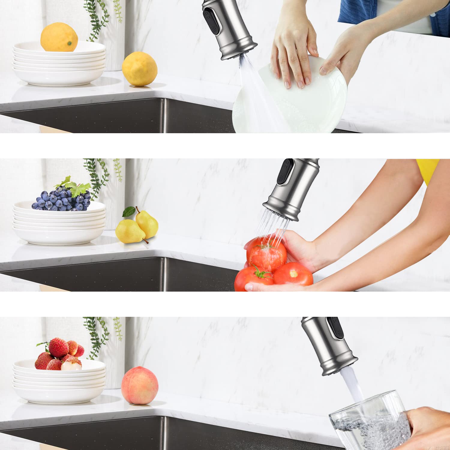 Modern 3-Hole Bridge Kitchen Faucet with Pull Down Sprayer - 2 Handle Swivel Spout Stainless Steel Sink Faucet (Brushed Nickel) - Perfect for Contemporary Kitchens, Restaurant Prep Areas & Home Renovations