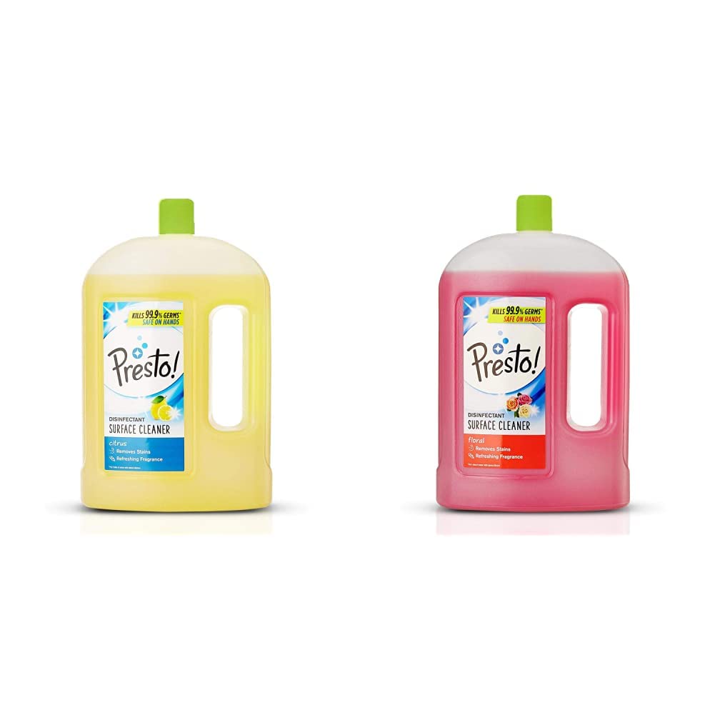 Presto! Citrus Scented Disinfectant Floor Cleaner - 2L Bottle | Kills 99.9% Germs | Safe for Tile, Wood & Laminate | Amazon Brand    Presto! Floral Scented Disinfectant Floor Cleaner - 2L Bottle | Eliminates Bacteria & Viruses | Gentle on Hardwood & Vinyl Floors | Amazon Brand    (Perfect for kitchens, bathrooms, pet areas & high-traffic spaces - leaves fresh citrus/floral fragrance)