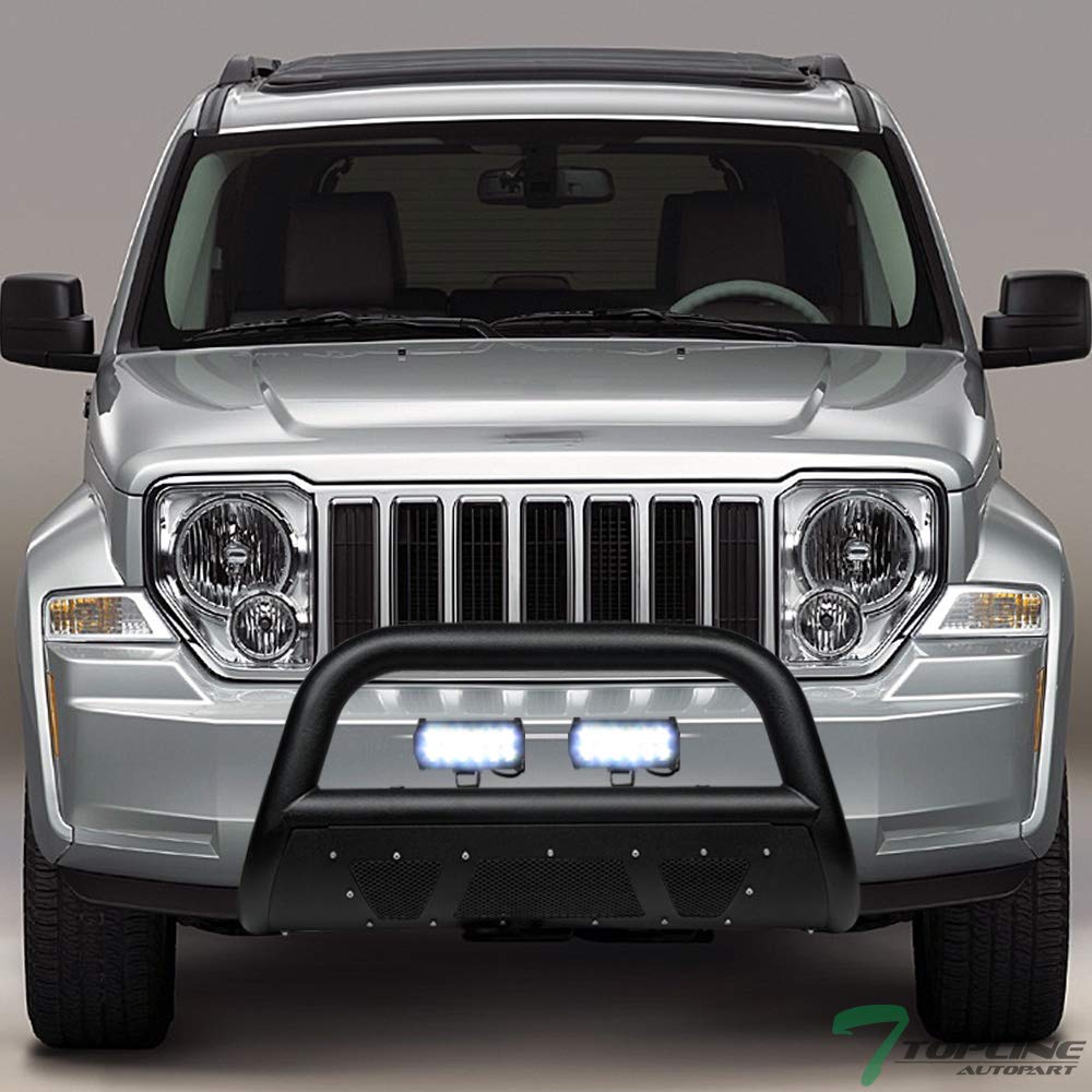 Jeep Grand Cherokee & Commander Bull Bar Guard - Textured Black Studded Mesh Style with Skid Plate + 36W CREE LED Fog Lights | Compatible with 2005-2007 Grand Cherokee & 2006-2010 Commander | Off-Road Protection & Style Upgrade for Adventure & Daily Driving