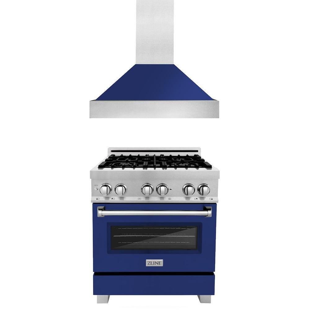 ZLINE 30-inch Stainless Steel Dual Fuel Range with Blue Gloss Door & Convertible Vent Hood - Professional Kitchen Package for Home Chefs | Perfect for Modern Kitchens, Open Concept Homes & Gourmet Cooking