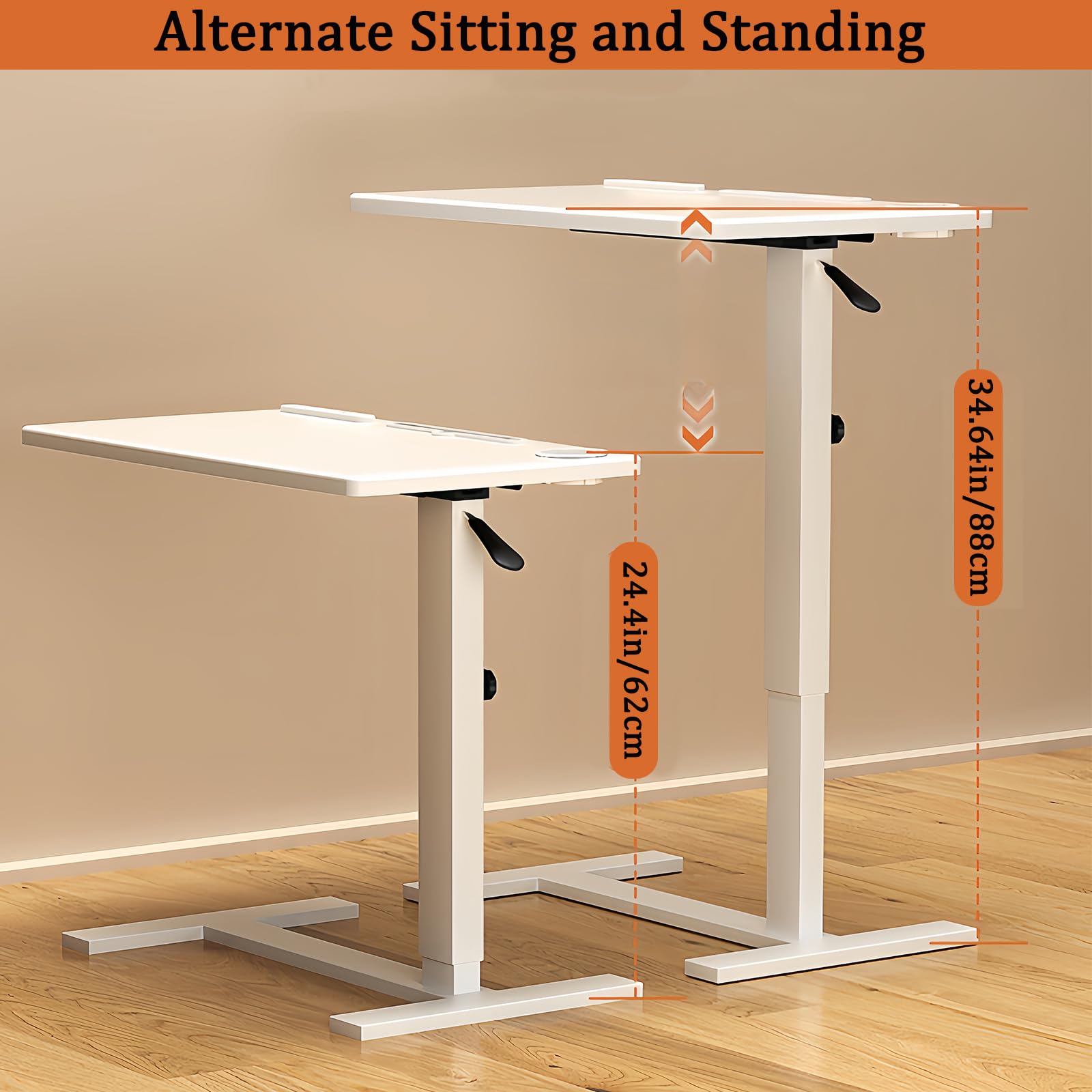 Adjustable Overbed Table with USB & Power Outlet - Mobile Standing Desk with Hidden Wheels, Cup Holder & Pneumatic Lift - Perfect for Laptop Use, Hospital Beds & Home Office Workspace - Brown