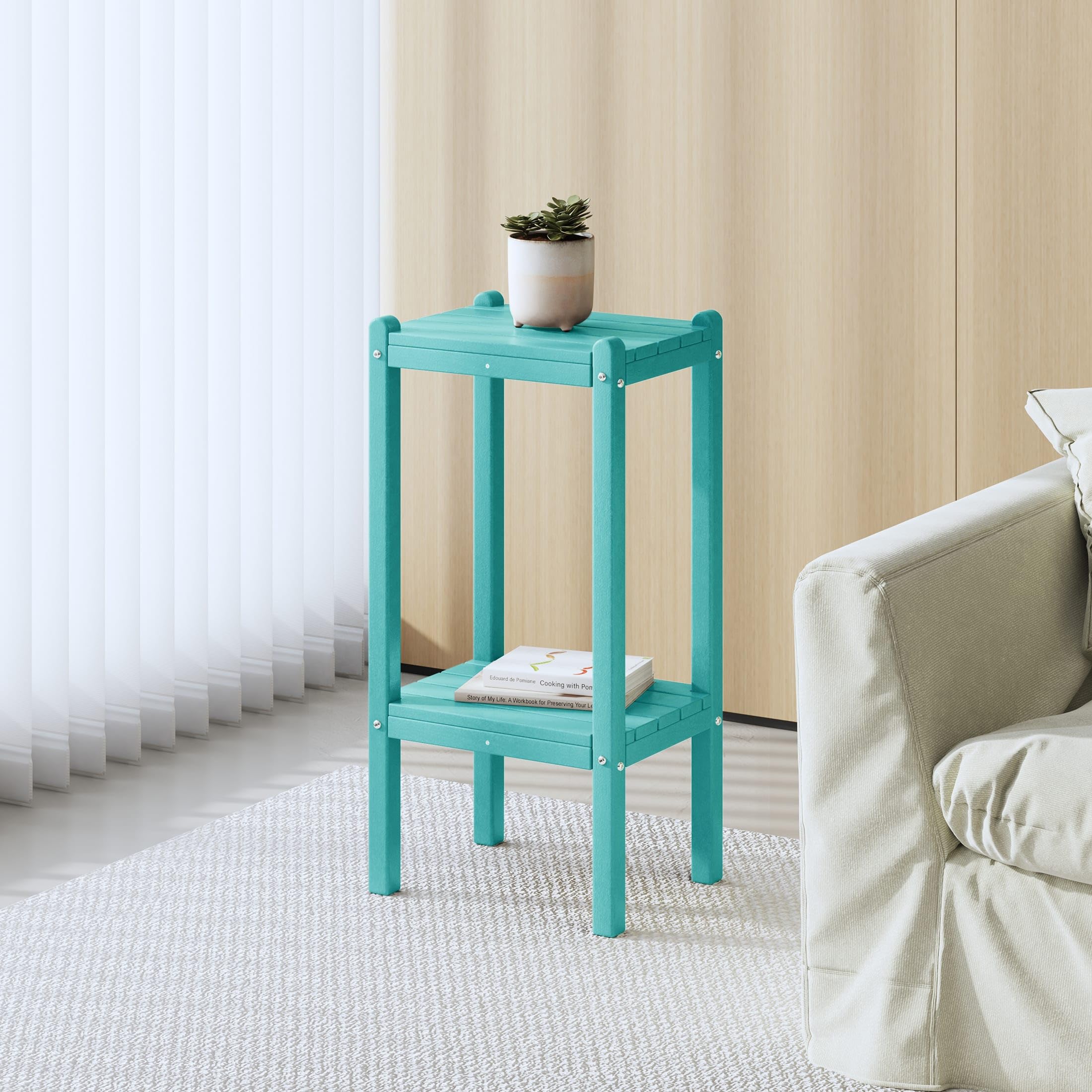 2-Tier Outdoor Side Table - Small Patio Coffee & End Table for Pool, Porch, Garden - Turquoise Adirondack Style Outdoor Furniture for Relaxing by the Poolside or Enjoying Morning Coffee on the Porch
