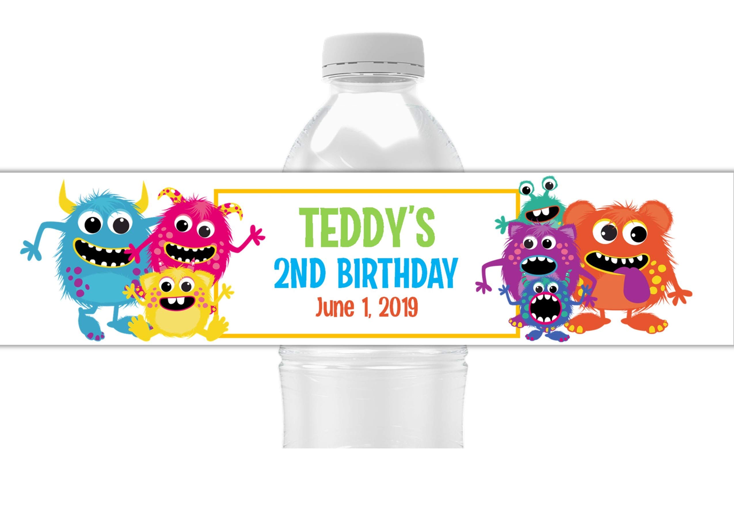 Custom Water Bottle Labels for Monster Birthday Party - 25 Pack Peel & Stick Waterproof Wrappers - Perfect for Kids Birthday Favors, School Events & Party Decorations