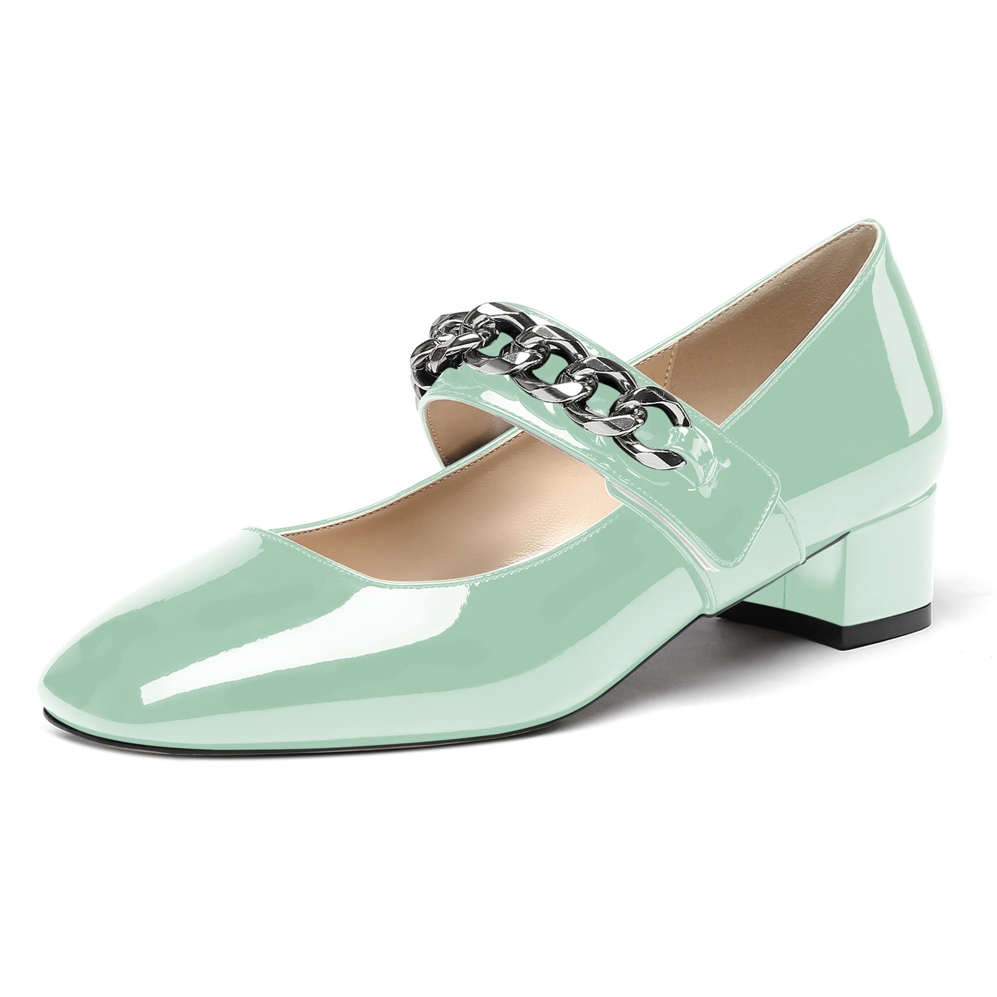WAYDERNS Women's Square Toe Patent Leather Slip-On Pumps with Velcro Strap & Metal Chain Detail - 1.5 Inch Low Chunky Heel - Comfortable Dress Shoes for Work, Party & Special Occasions
