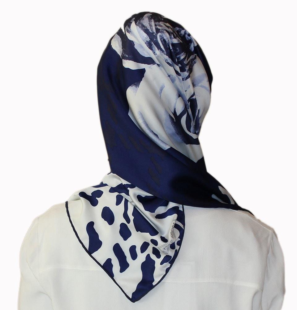 Aker Satin Square Hijab Scarf 6648 921 Blue & White - Soft & Breathable Muslim Headscarf for Women, Perfect for Daily Wear, Prayer, and Special Occasions