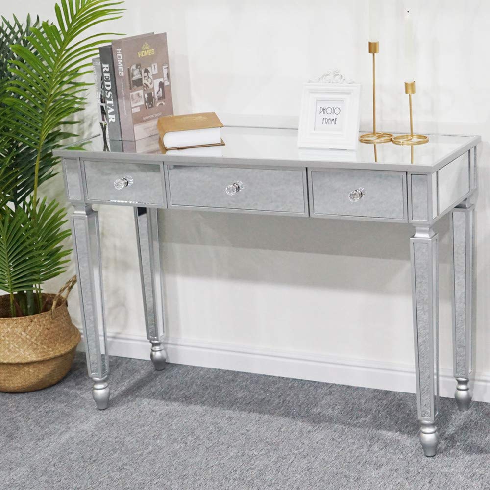 Modern Silver Mirror Finish Vanity Desk with 3 Storage Drawers - Elegant Makeup Dressing Table & Glass Console Writing Desk for Women & Girls | Perfect for Bedroom, Entryway, and Beauty Room Organization