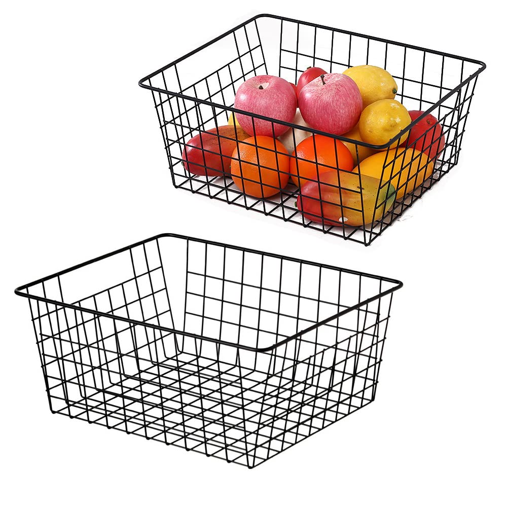Farmhouse Style Metal Wire Baskets - Kitchen & Pantry Storage Organizer with Built-in Handles for Refrigerator, Cabinet, Bathroom Organization (Black) | Perfect for Fruit, Vegetable Storage & Home Decor