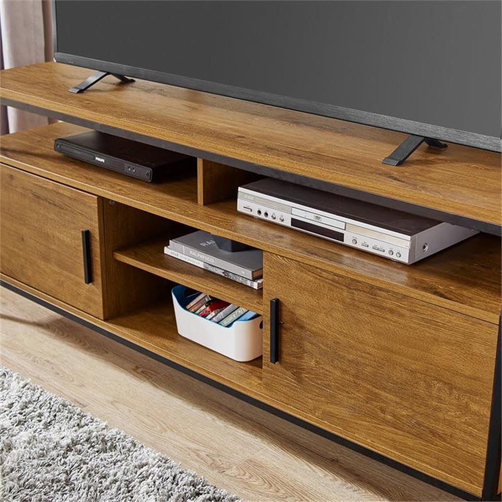CAFFOZ Wide TV Media Stand with Storage Shelves & Doors - Sturdy Brown Oak Wood Look Entertainment Center with Metal Frame - Easy Assembly for Living Room, Bedroom & Home Theater Setup