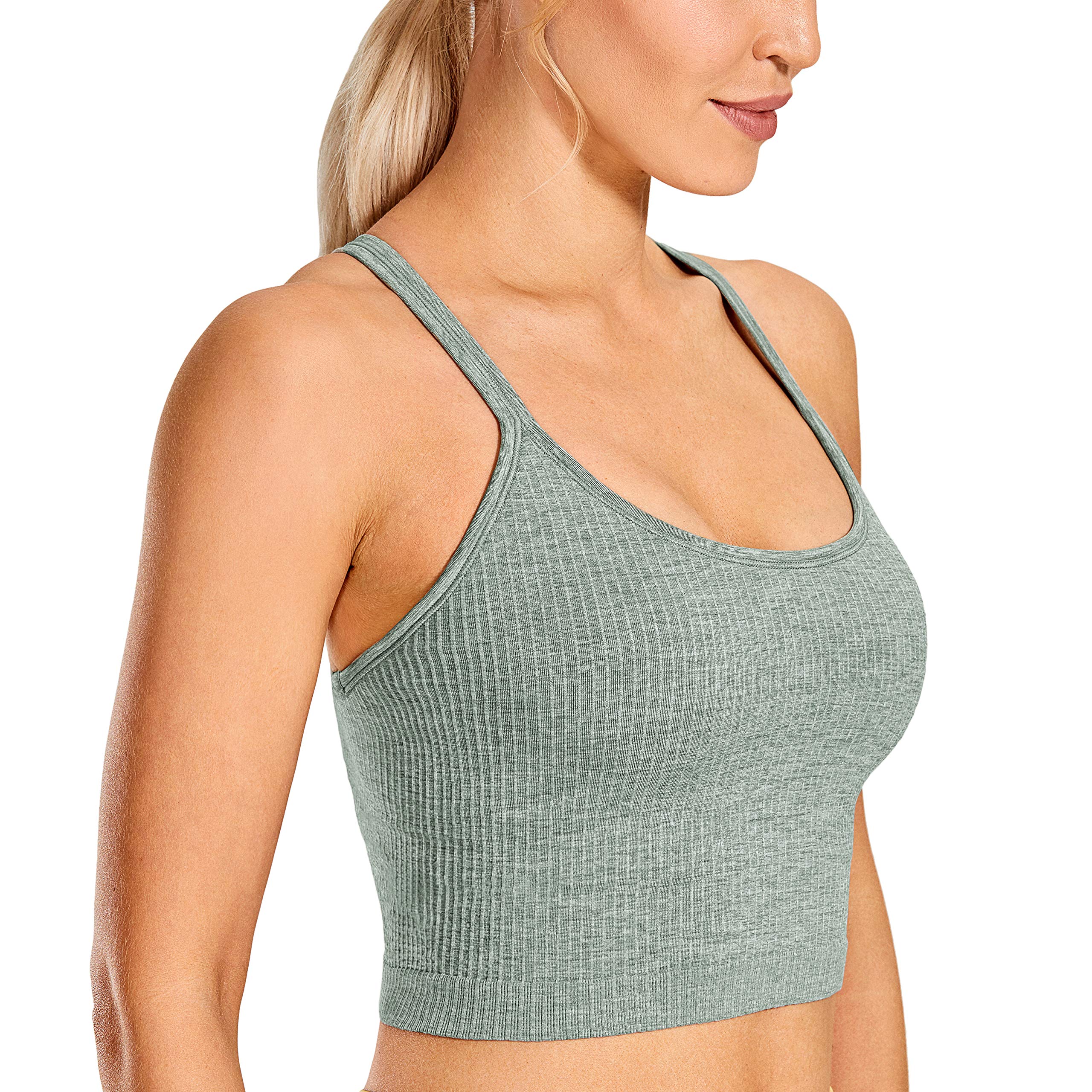 CRZ YOGA Women's Longline Seamless Ribbed Sports Bra - Padded Racerback Workout Top for Yoga, Running & Gym | High Support Athletic Crop Tank Top