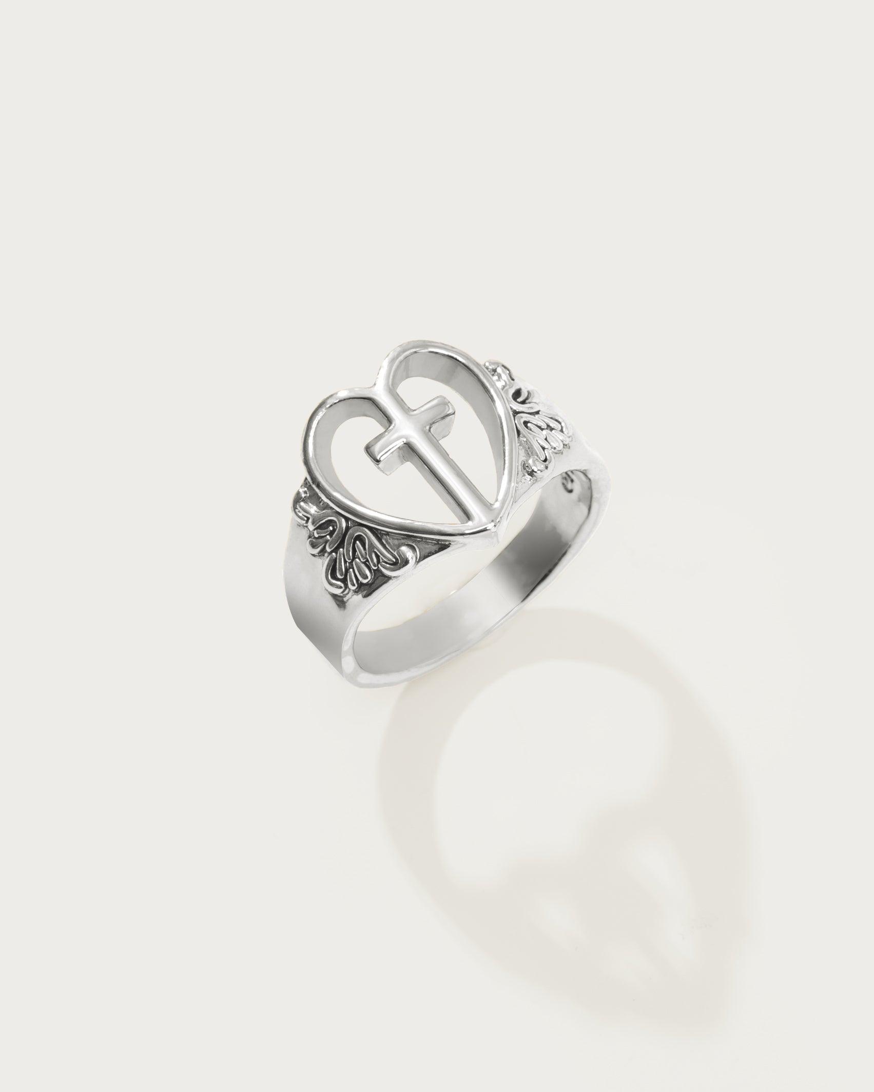 Creda Heart Cross Ring in Sterling Silver - Elegant Religious Jewelry for Women, Perfect for Valentine's Day, Anniversary & Everyday Wear