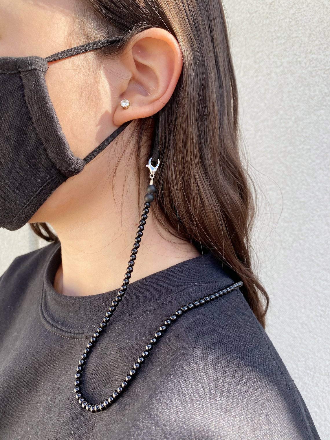 Silverbill Black Onyx Beaded Mask Chain Lanyard - 24 Inch Adjustable Face Mask Holder for Women, Men & Kids - Stylish & Practical Accessory for School, Work, Travel & Daily Use