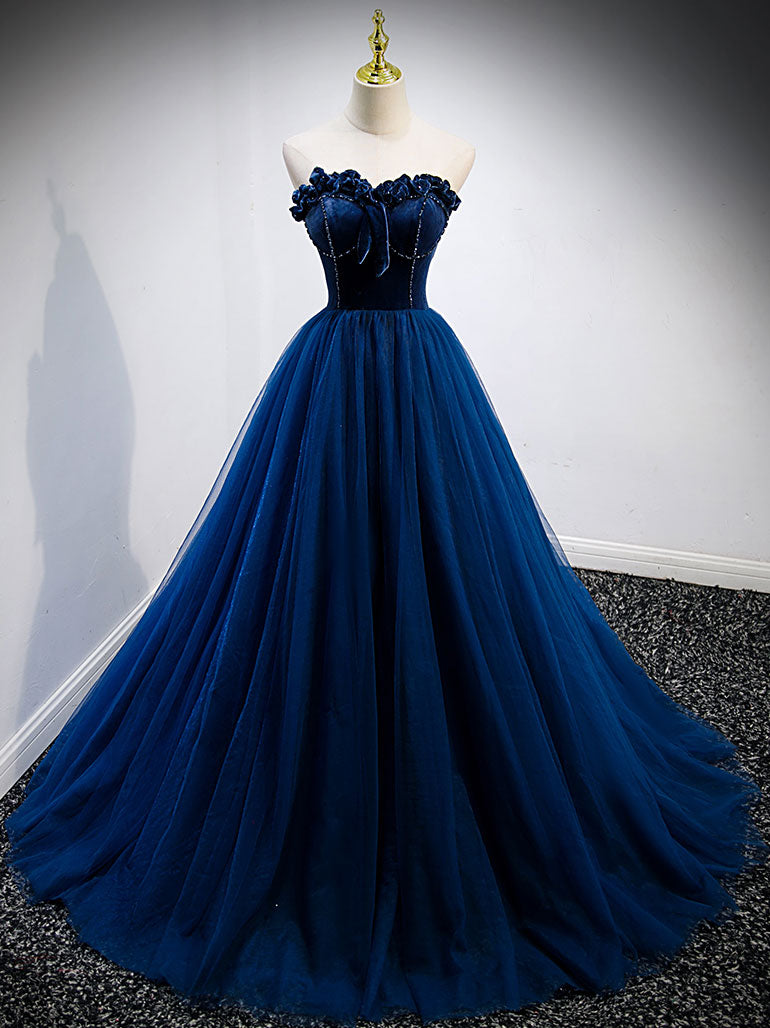 Elegant Blue Tulle A-Line Prom Dress - Long Formal Evening Gown for Homecoming, Quinceañera & Special Occasions