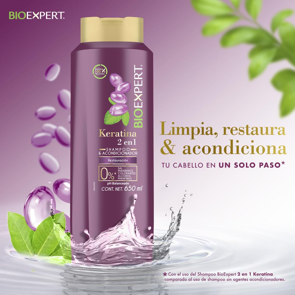2 in 1 Shampoo and Conditioner with Keratin - 650ml for Hydration & Repair - Perfect for Damaged, Dry & Color-Treated Hair at Home or Salon
