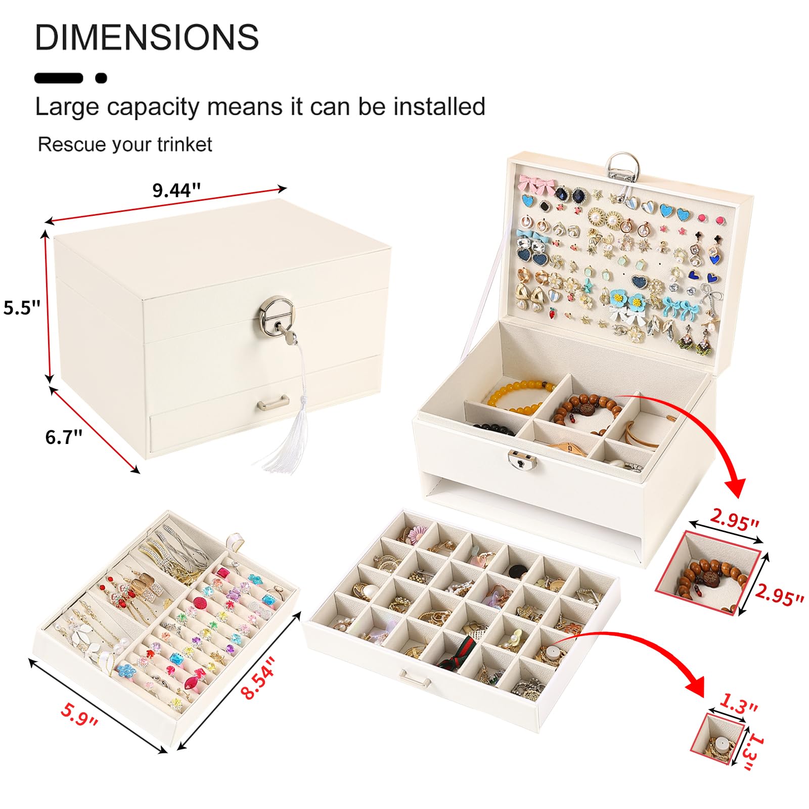 BOOVO 5-Layer Jewelry Organizer Box with Lock - Earring Holder, Necklace & Ring Storage for Women & Girls - Perfect for Travel, Home & Gift (White)