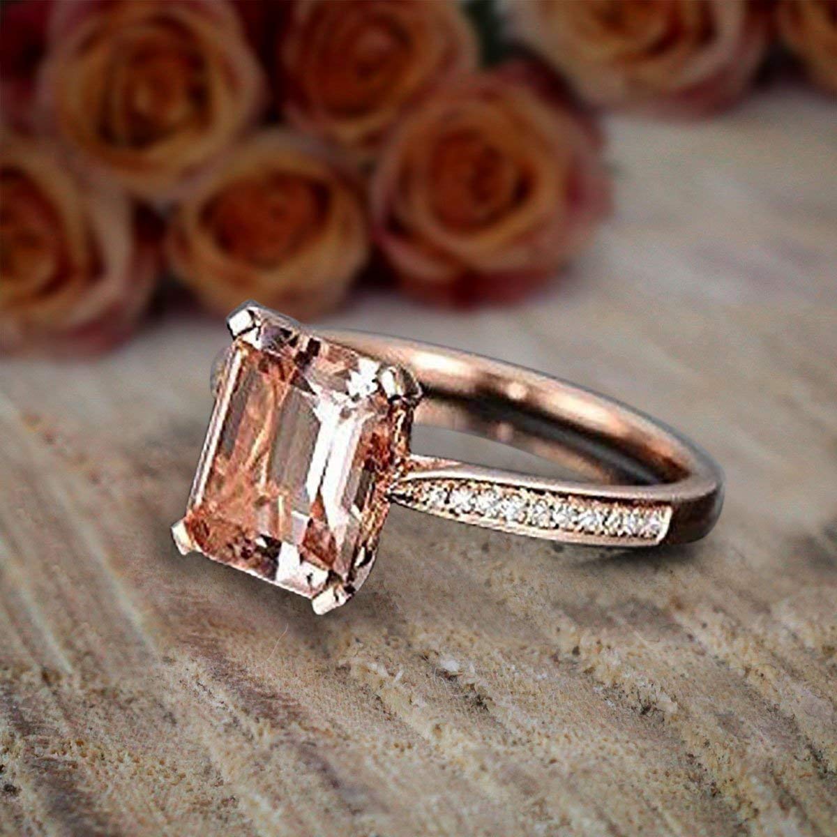 1.25 Carat Peach Pink Morganite & Diamond Engagement Ring - Emerald Cut Morganite in 18k Gold Plating - Perfect for Proposals, Weddings & Anniversary Gifts