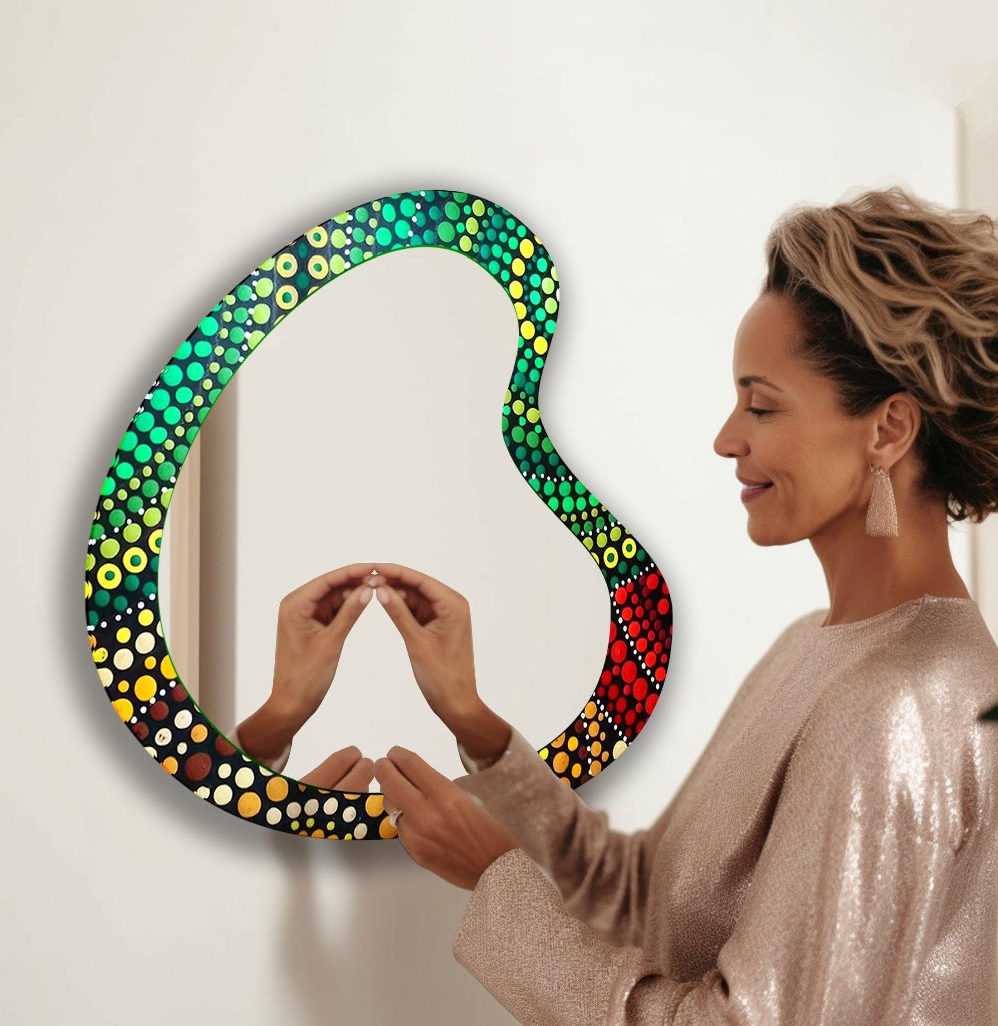 Asymmetrical Green Mosaic Glass Wall Mirror - Handmade Decorative Mirror for Living Room, Bedroom, Bathroom & Entryway - Unique Home Decor Accent Piece