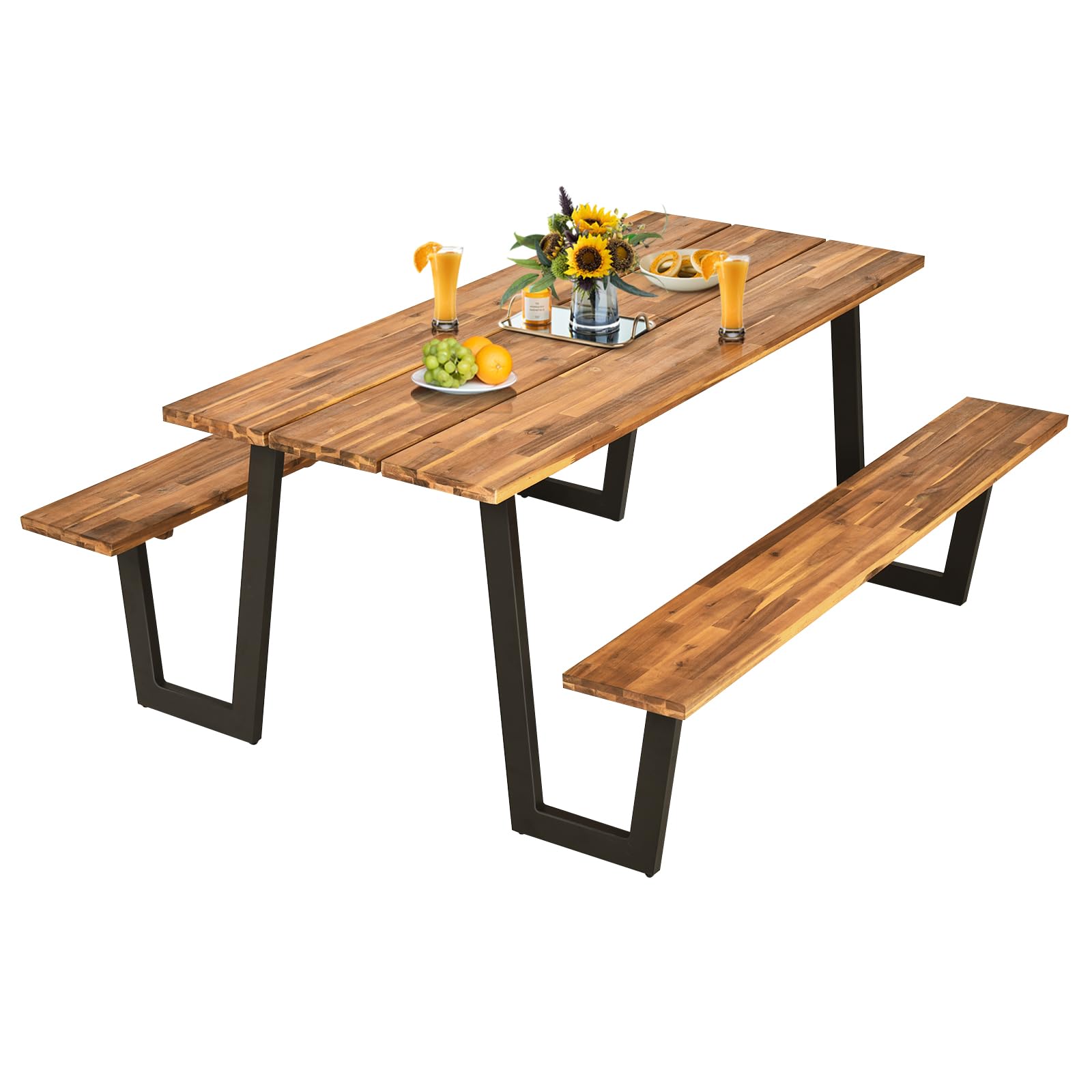 Tangkula 6-Person Acacia Wood Picnic Table Set with 2 Benches & Umbrella Hole - Weather-Resistant Outdoor Dining Table for Backyard, Garden, Patio, BBQ, Picnics & Parties - Steel Frame & Wood-Like Texture Tabletop