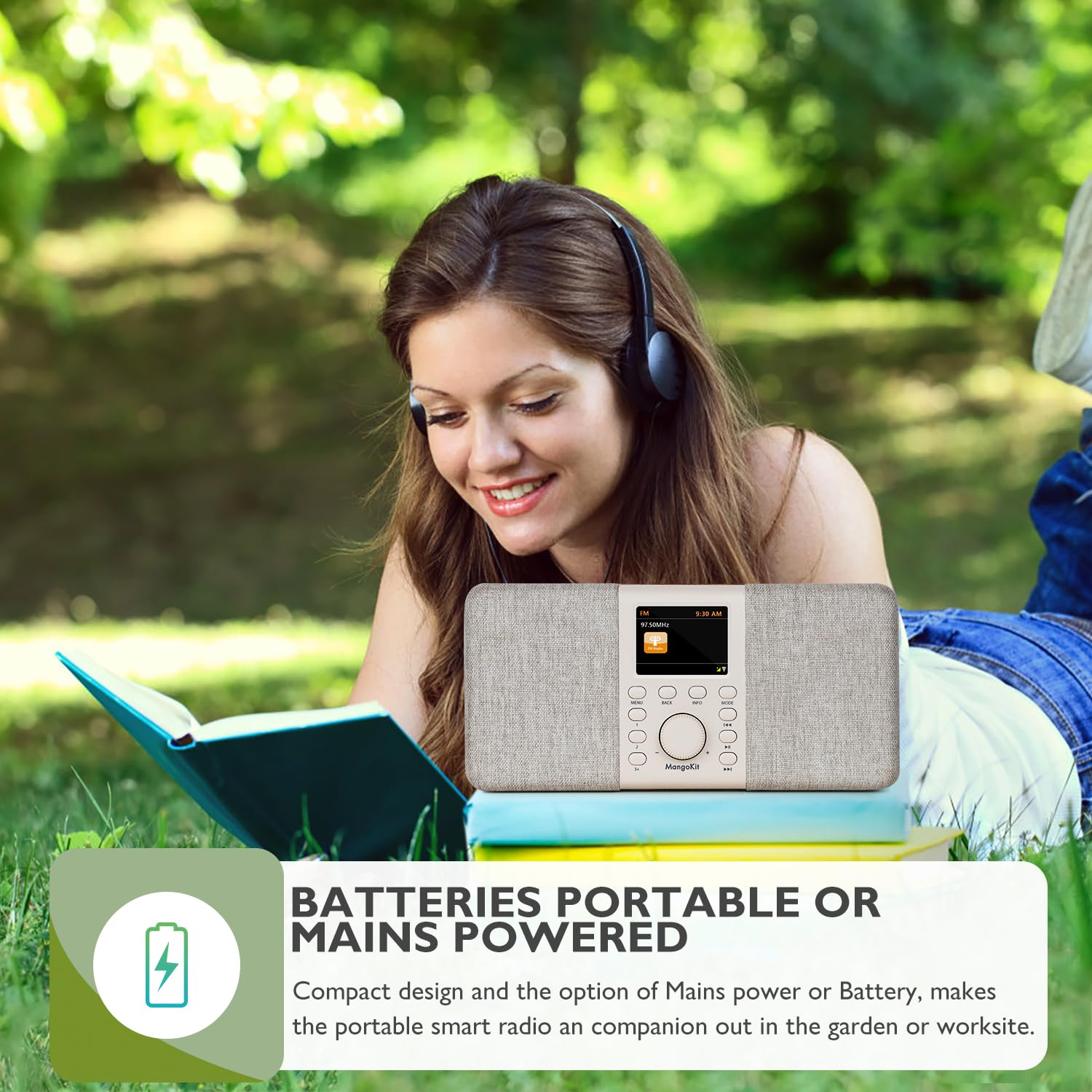 MangoKit SR20 Digital Internet Radio with DAB/DAB+, WiFi, Bluetooth, FM - Smart Podcast Player, Color Screen, Dual Alarms, AC/Battery Powered - Perfect for Kitchen, Bedroom, and Office Use