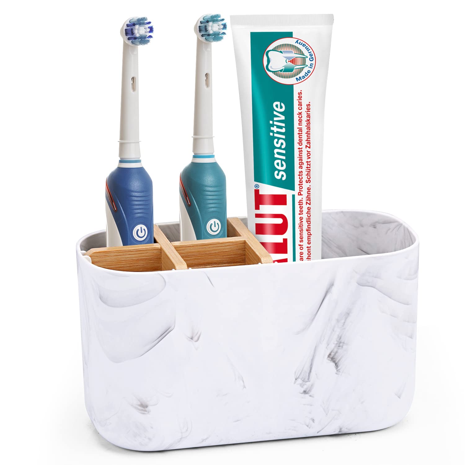 CHONLY Bamboo Toothbrush Holder for Bathroom - 5 Slot Organizer for Electric & Manual Toothbrushes - Kids & Family Toothpaste Storage Caddy - White - Perfect for Countertop, Vanity & Travel Bathroom Organization