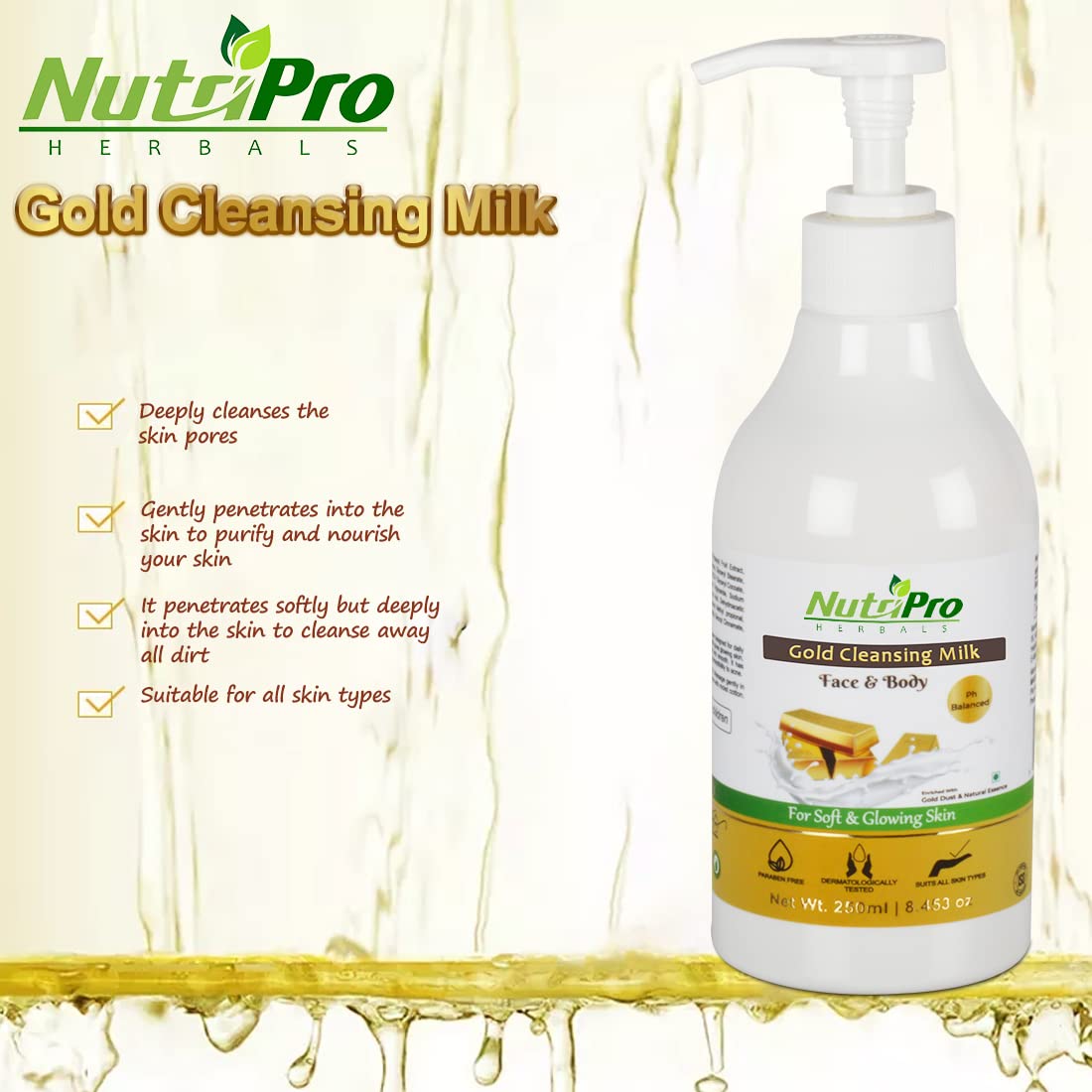 NutriPro Gold Cleansing Milk with Diamond Massage Cream 350GM - Enriched with Gold, Vitamin E, Lavender Oil & Diamond Dust for Soft, Glowing Skin & Anti-Acne Therapy | Daily Facial Cleanser & Luxury Skincare for Radiant Complexion