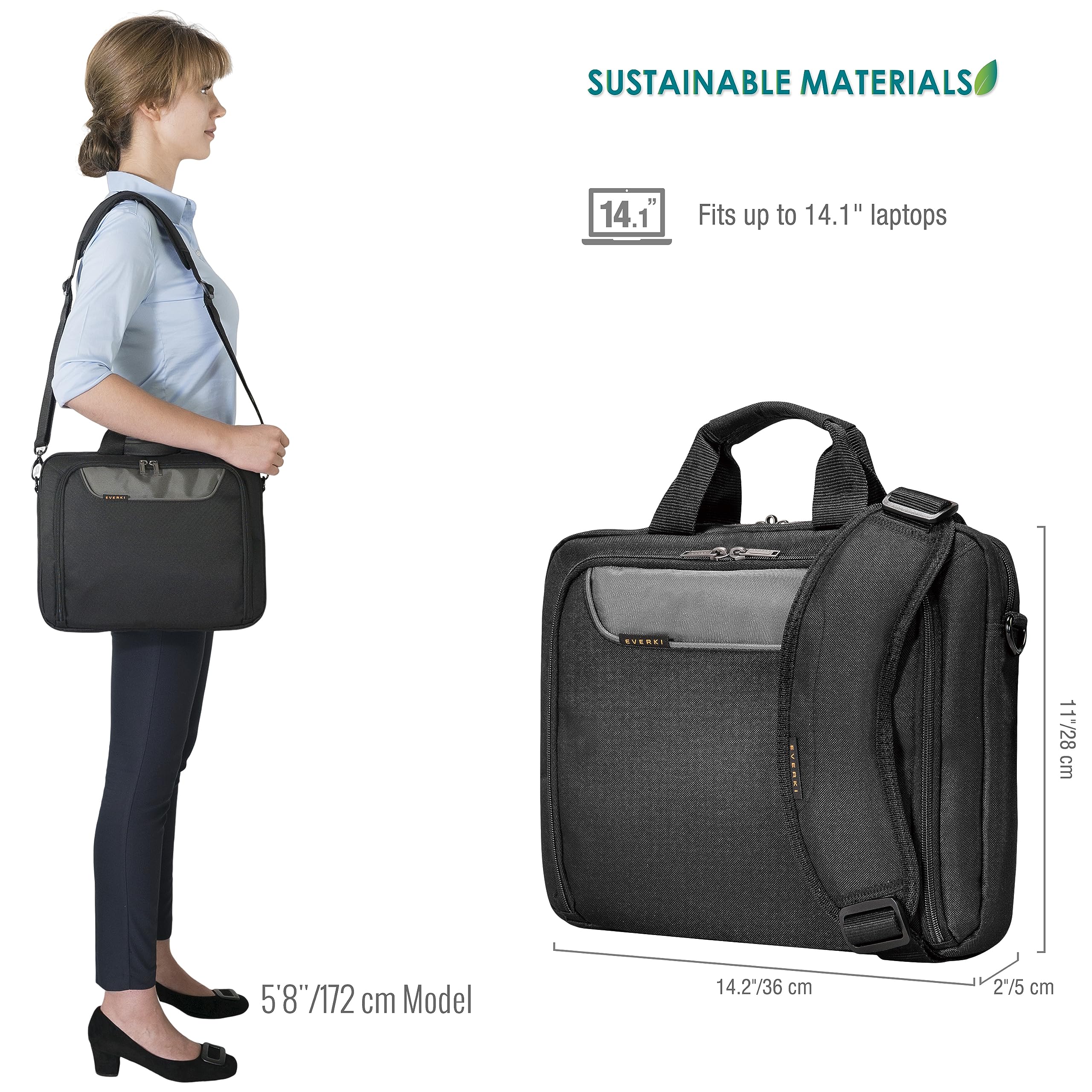 Everki Eco-Friendly 14.1 Inch Laptop Briefcase for Men & Women - Professional Travel Messenger Shoulder Bag for Work, Business & Commuting - Durable Black Computer Carrying Case for MacBook, Dell, HP Laptops