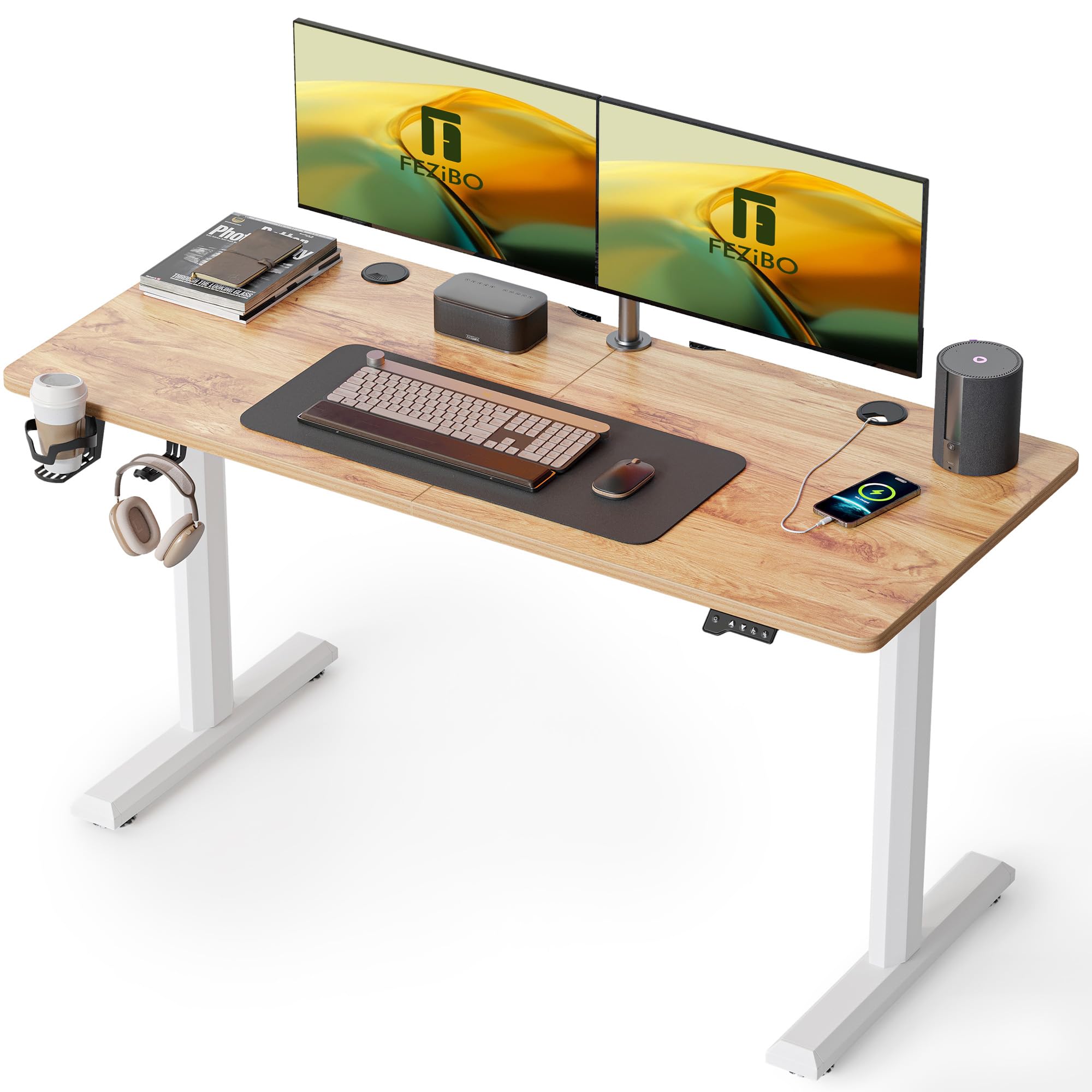 FEZIBO Electric Standing Desk 55 x 24 Inches - Height Adjustable Sit Stand Desk with Splice Board, Light Rustic Brown - Perfect for Home Office, Gaming & Workspace Ergonomics