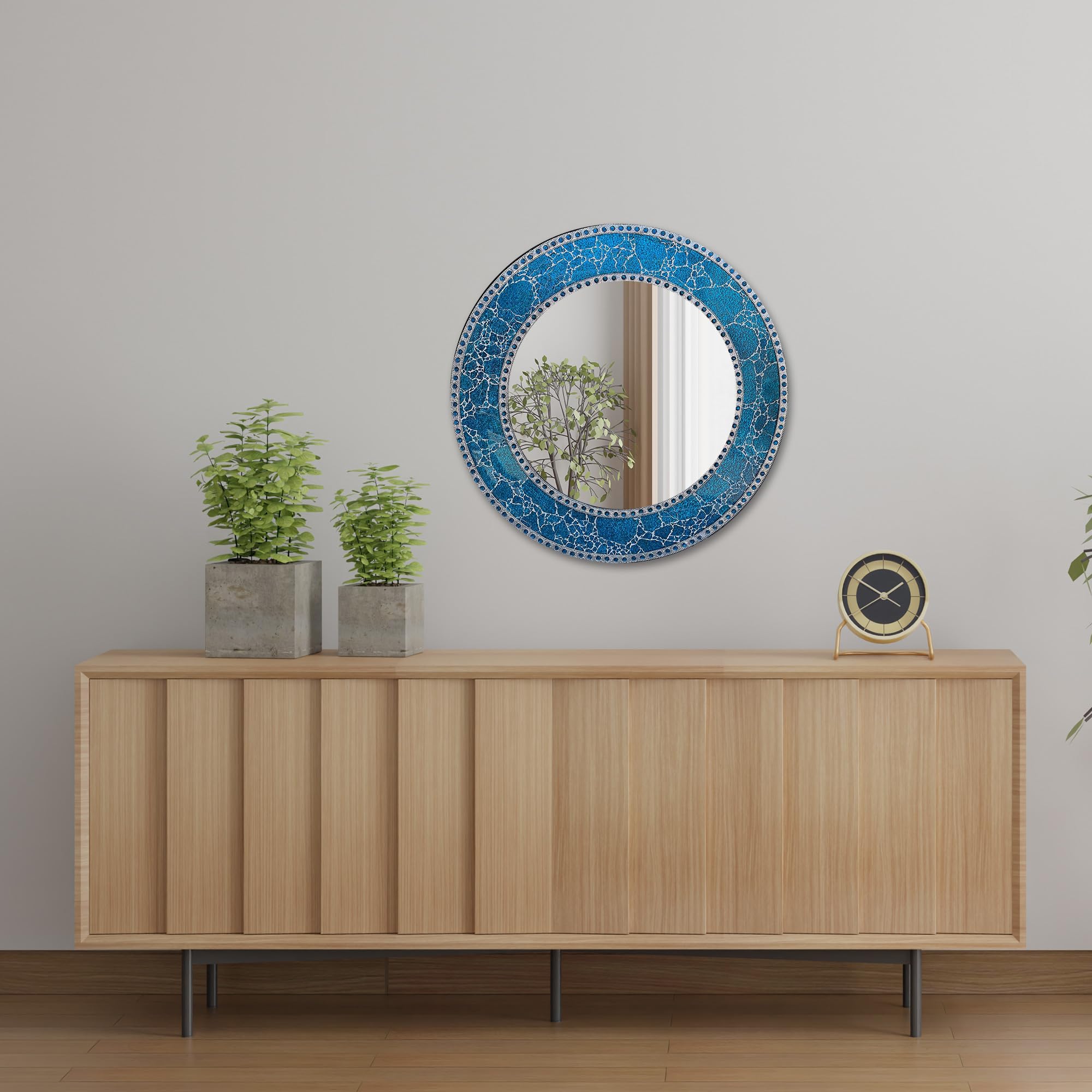 24-Inch Round Crackled Glass Mosaic Wall Mirror in Sapphire Blue - Decorative Bathroom Vanity Mirror, Bedroom Accent Mirror for Home Decor