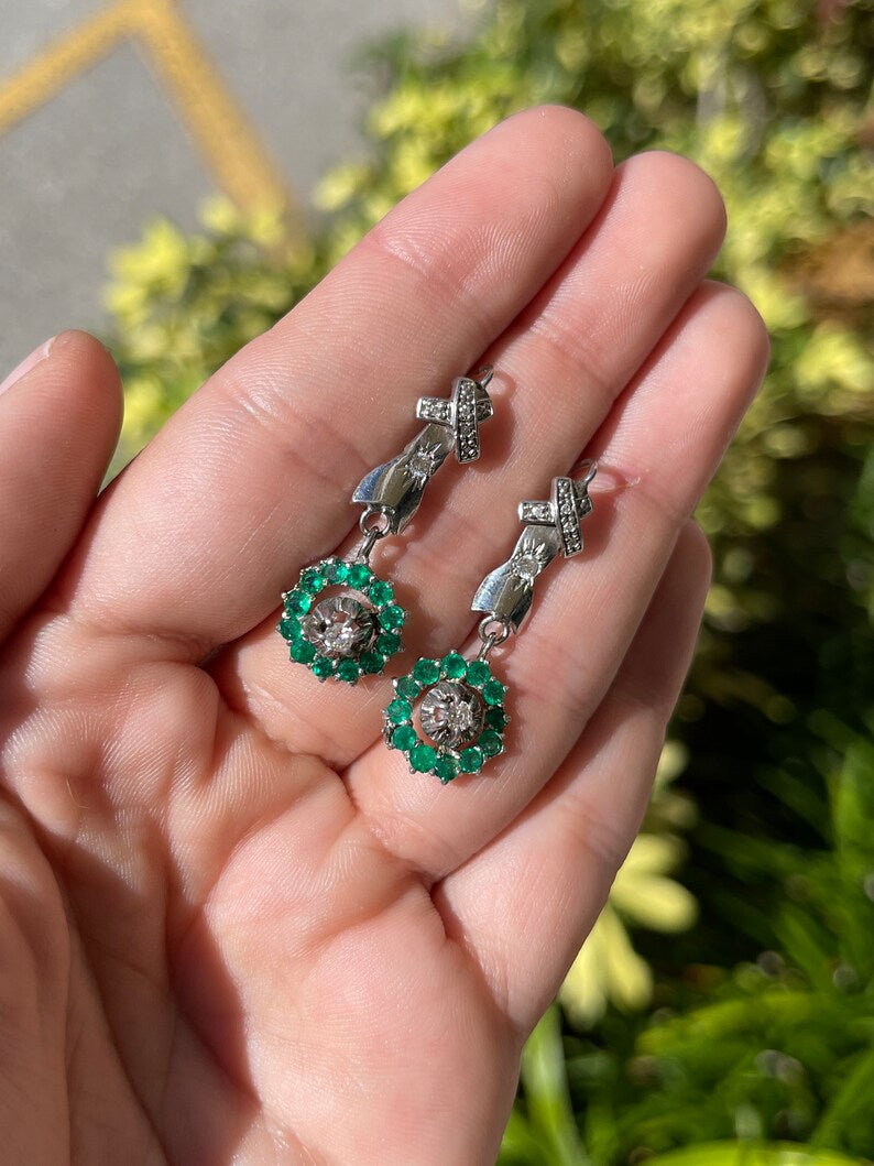 1.07tcw 14K Gold Vintage Dark Vivid Green Colombian Emerald & Diamond Halo Dangle Earrings - Anniversary Gift for Her, Wedding Jewelry, Special Occasion Accessories
