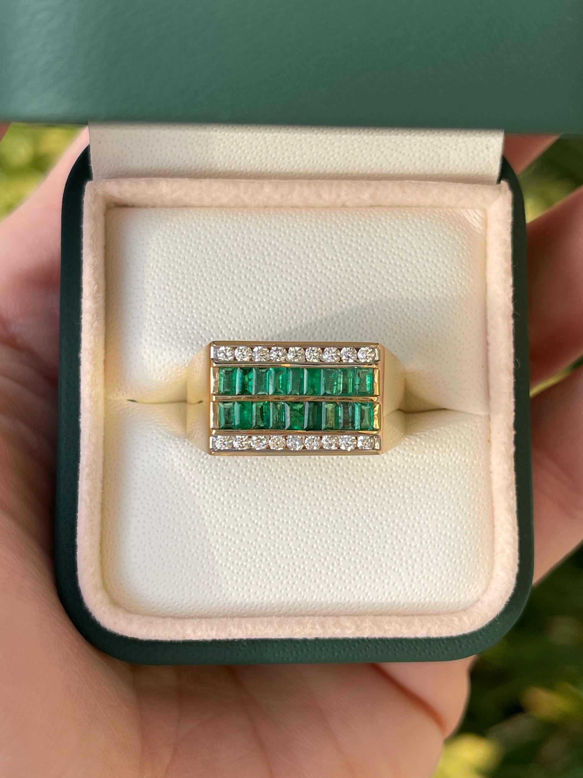 1.41tcw 14K Yellow Gold Men's Emerald & Diamond Channel Set Ring - 11.3mm Wide Band for Weddings, Anniversaries & Special Occasions