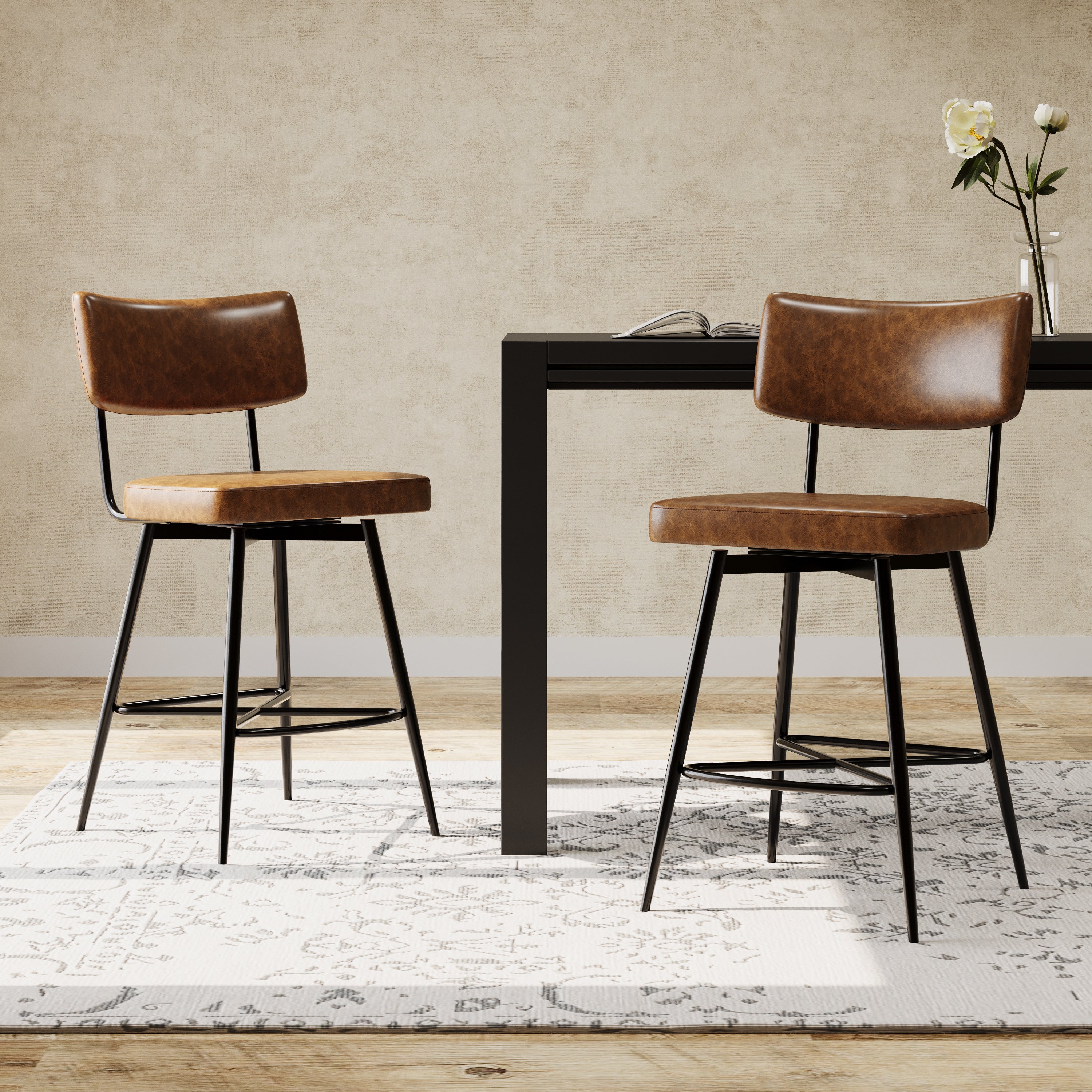 26'' Retro Swivel Counter Stools Set of 2 - Vintage Style Bar Stools with Iron Frame & Comfortable PU Sponge Cushion - Perfect for Kitchen Island, Breakfast Nook, and Home Bar Decor