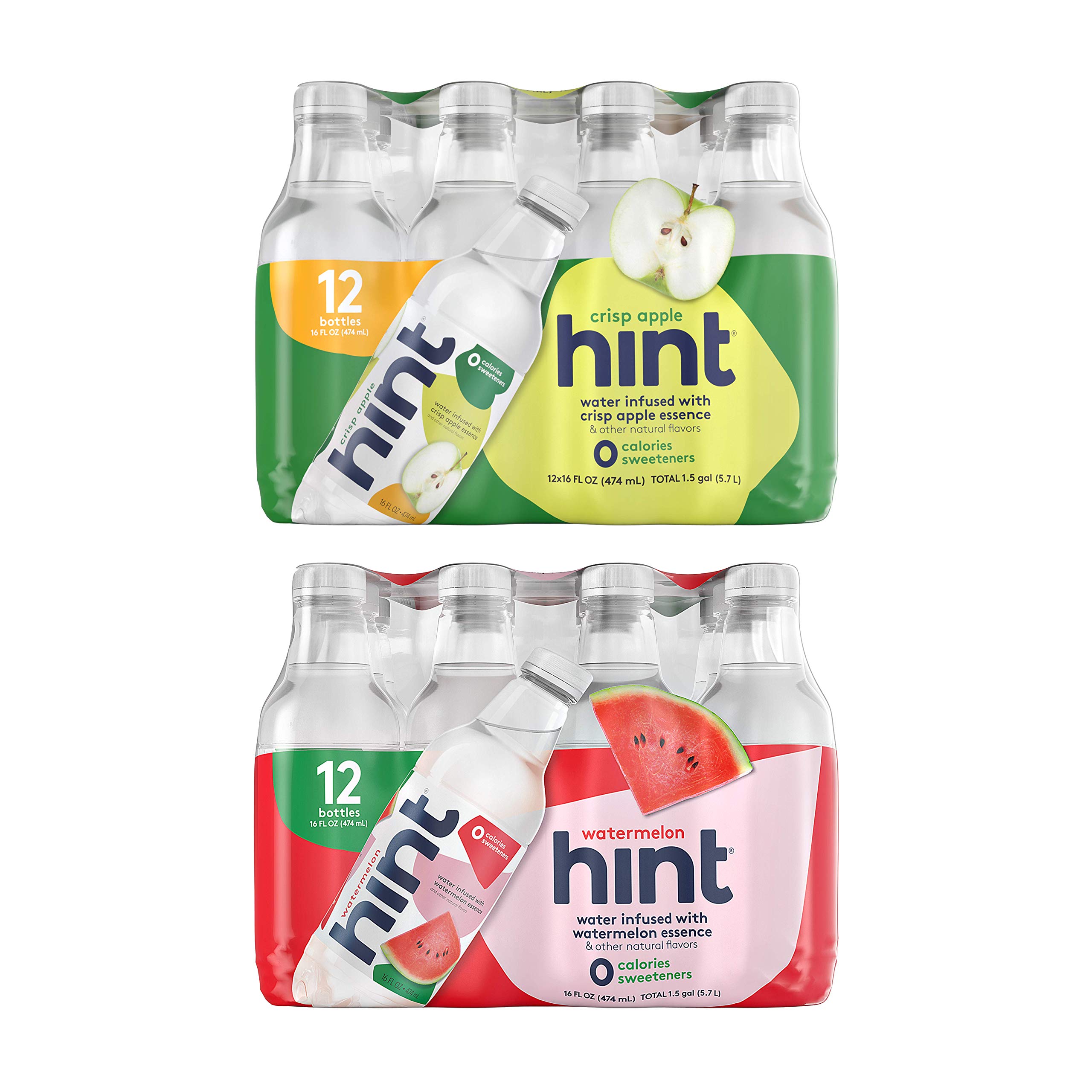 Hint Water Variety Pack - 12 Crisp Apple & 12 Watermelon Flavored Water (24 Bottles Total) | Zero Calories, No Sugar or Sweeteners | 16oz Bottles | Perfect for Hydration at Work, Gym or Outdoor Activities