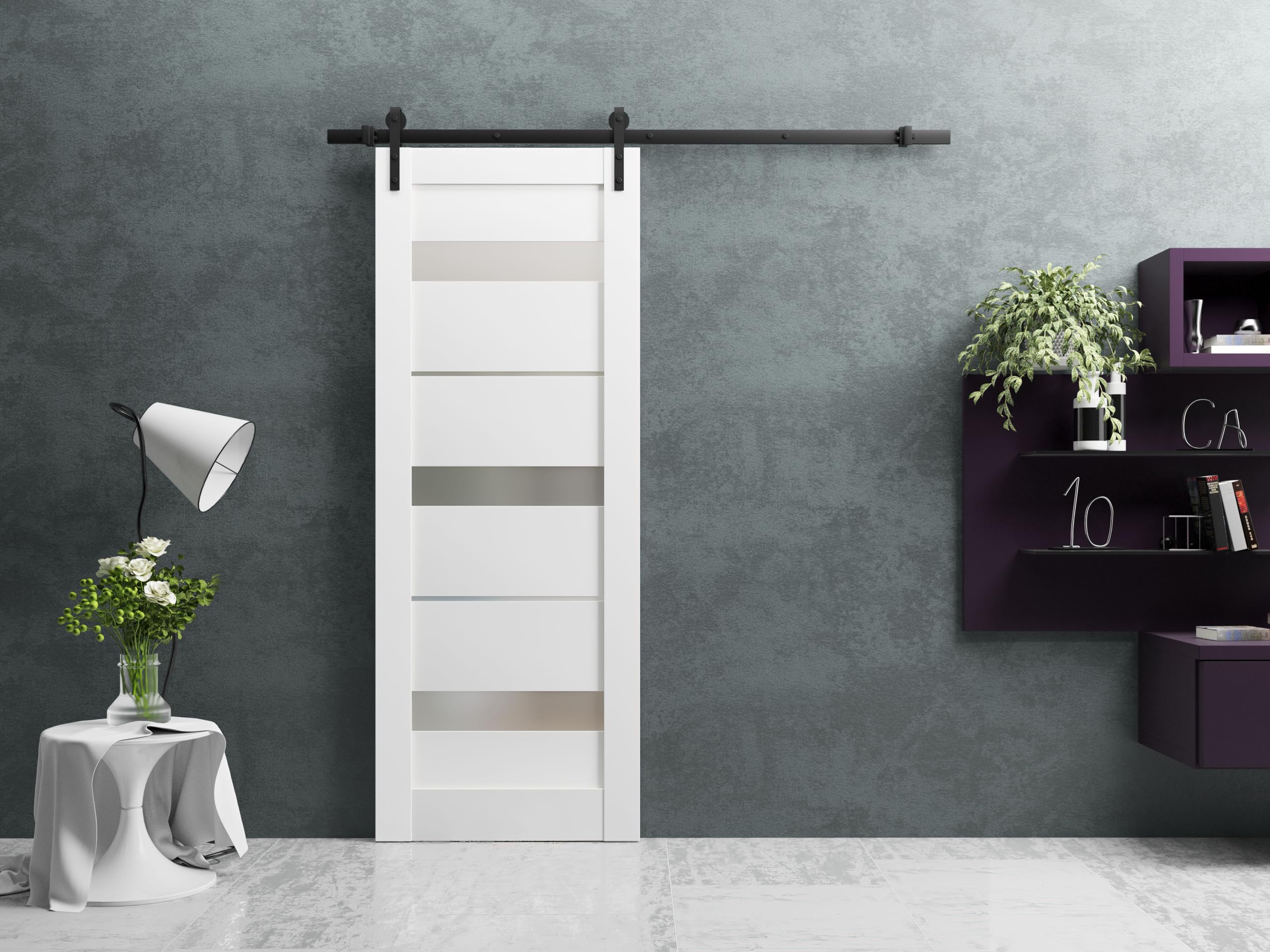 SARTODOORS 42x80 Inch Sliding Barn Door with Hardware Kit | Quadro 4055 White Silk Frosted Glass | Top Mount 8FT Rail & Hangers | Solid Wood Interior Doors for Bedroom, Closet, or Living Room Partition