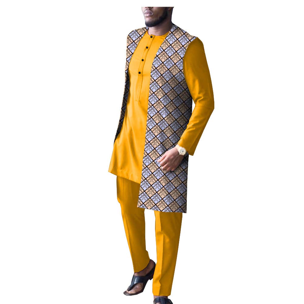 Africa Pride Men's Dashiki Tribal 3-Piece Set - Long Coat Jacket, Print Shirt & Pants - Traditional African Clothing for Weddings, Cultural Events & Festivals