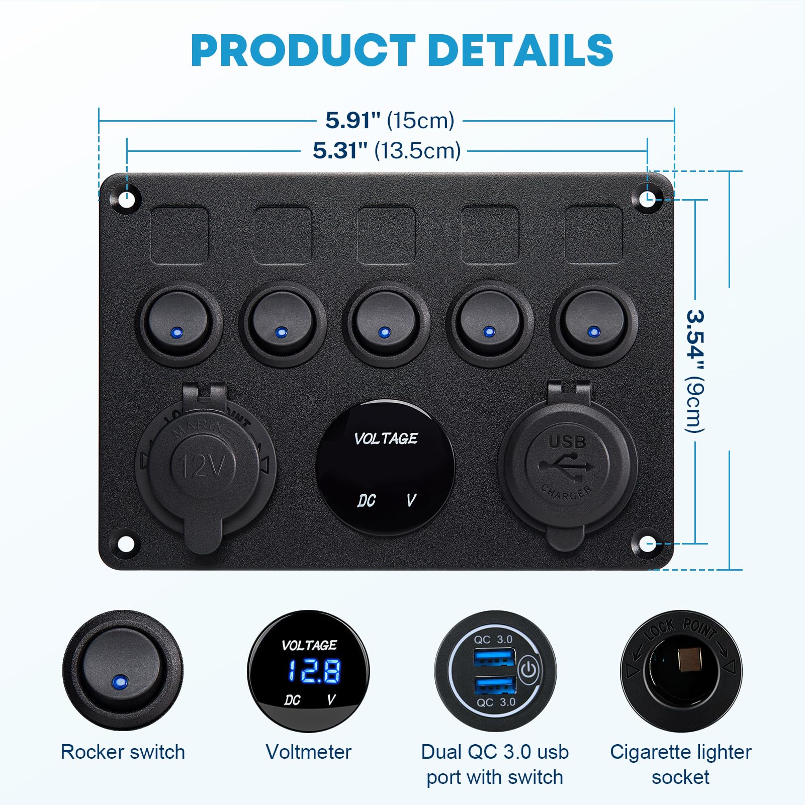 Kohree 12V 5 Gang Marine Switch Panel with USB Port, LED Digital Voltmeter & Cigarette Lighter - Waterproof Rocker Toggle Switch Panel for Boats, Yachts, RVs, and Marine Applications - Perfect for Electrical System Control and Device Charging on Watercrafts