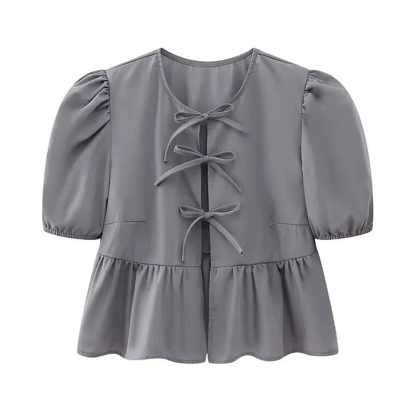 Duomofu Leopard Print Bow Tie Blouse for Women - Loose Fit Y2K Puff Sleeve Pleated Cropped Top | Summer Streetwear Fashion | Perfect for Casual Outings, Parties & Instagram Photos