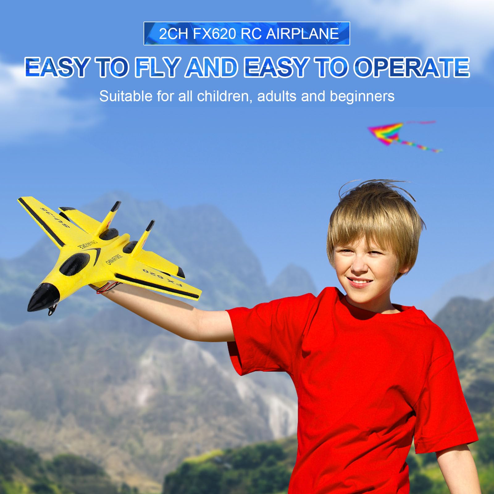 **SU35 2CH RC Airplane - 2.4GHz Ready-to-Fly Remote Control Jet with Night Lights & USB Charging - Easy to Fly Toy for Boys, Kids & Beginners - Outdoor & Indoor Play, Birthday Gifts, Backyard Fun (Yellow)**