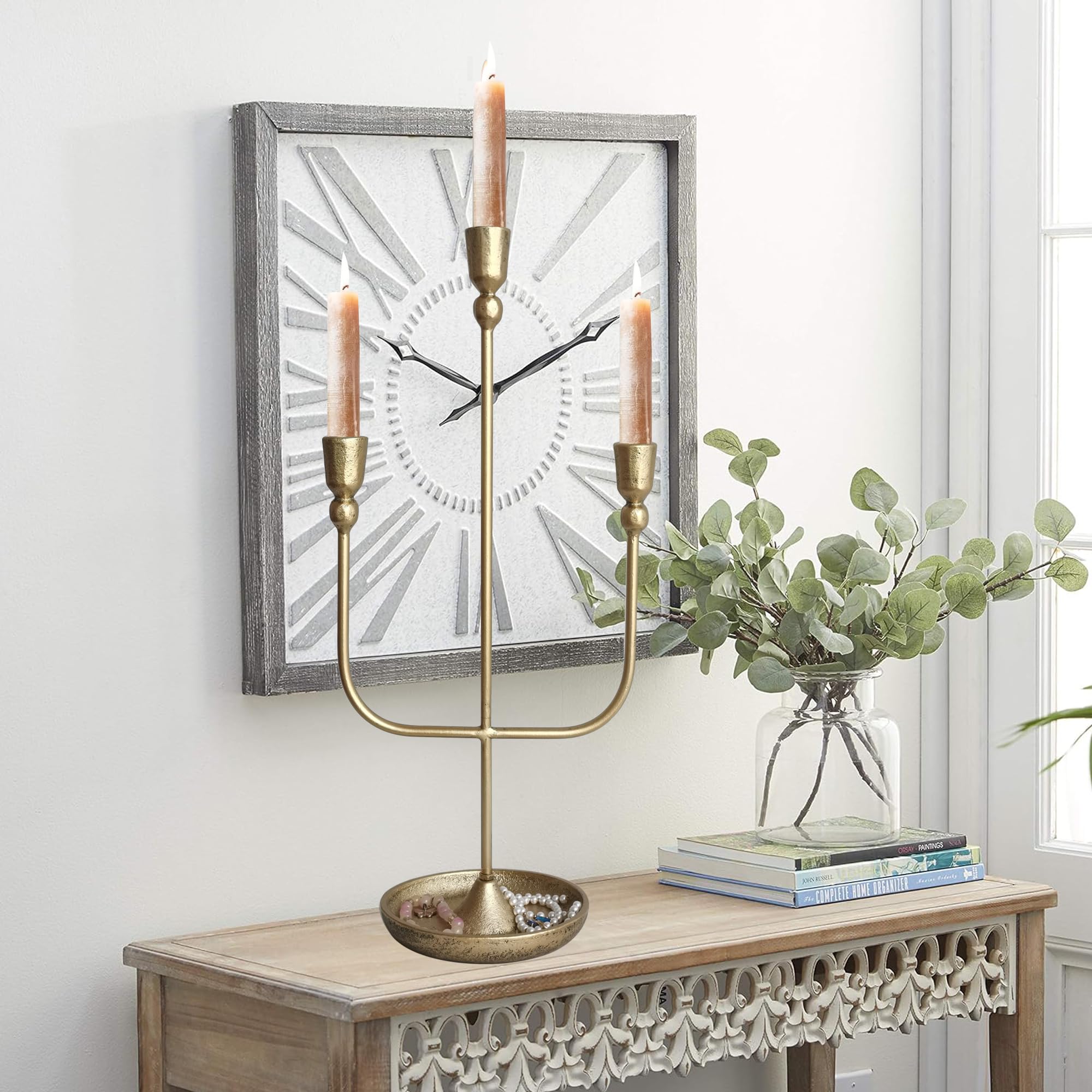 3-Piece Brass Finish Metal Candelabra Set - 20.5 Inch Tall Iron Candle Holders for Wedding Centerpieces, Dining Table Decor & Romantic Home Ambiance