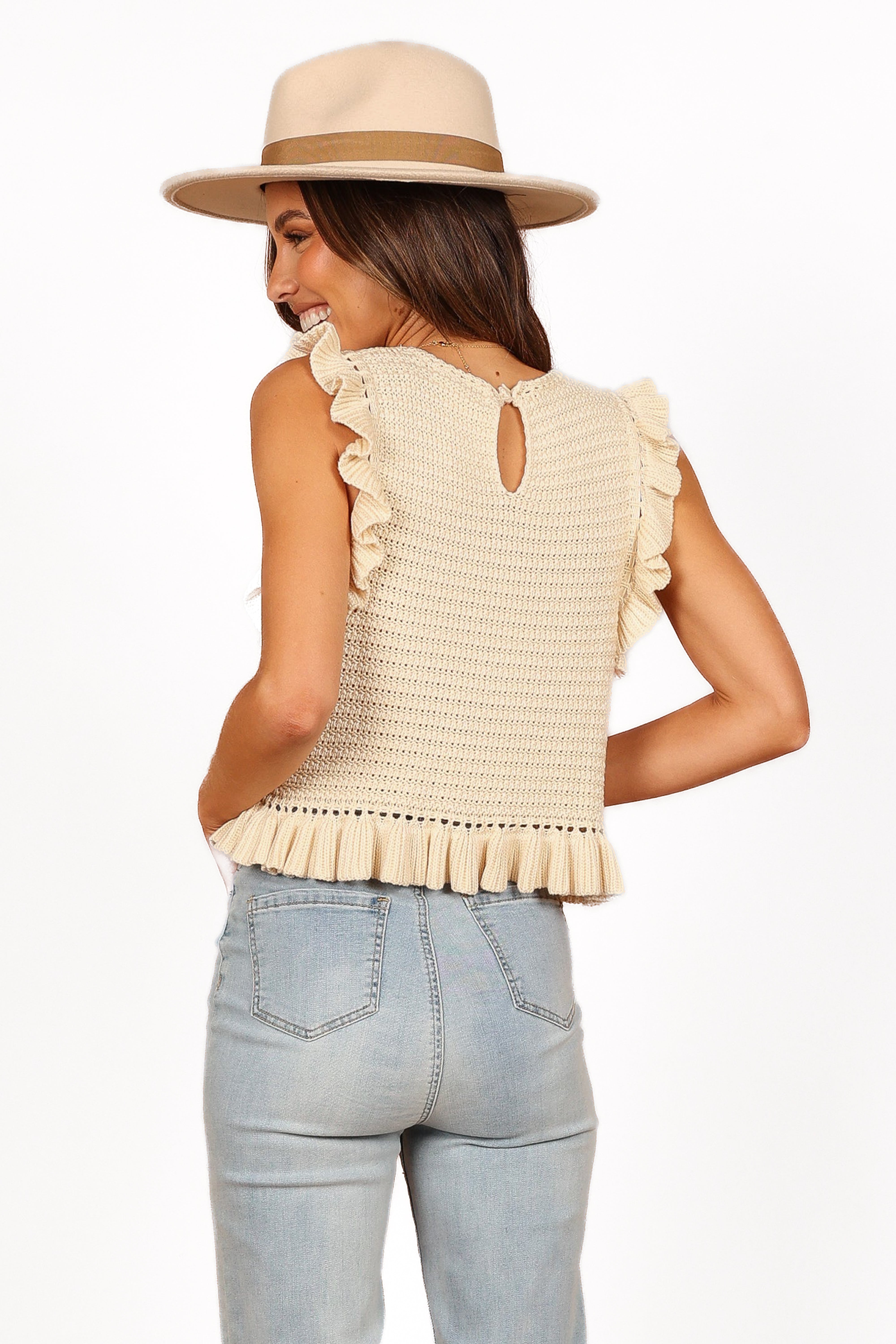 Katia Frill Knitted Top for Women - Soft Cream Knit Sweater, Elegant Lace Trim, Comfortable Casual Wear for Fall & Winter - Perfect for Office, Dates, and Holiday Outfits