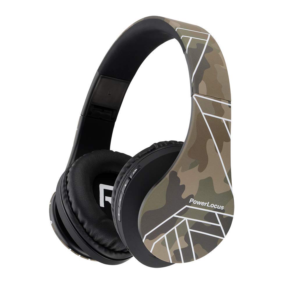 PowerLocus Bluetooth Over-Ear Headphones with Built-in Mic - Wireless & Wired Foldable Stereo Headset, Compatible with iPhone, Samsung, iPad, PC - Features Micro SD/TF & FM - Perfect for Gaming, Travel, Work & Music (Camo)