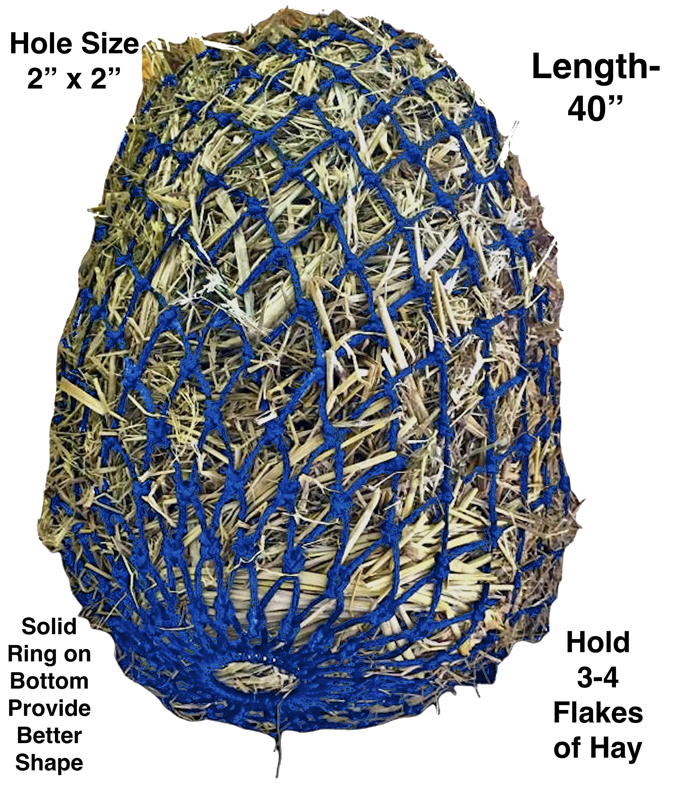 Majestic Ally 2x2 Inch Slow Feed Hay Net - 40 Inch Heavy Duty Nylon Monofilament Rope with Bottom Ring - Adjustable Horse Feeder for Stall, Trailer & Travel - Royal Blue - Perfect for Picky Eaters & Portability
