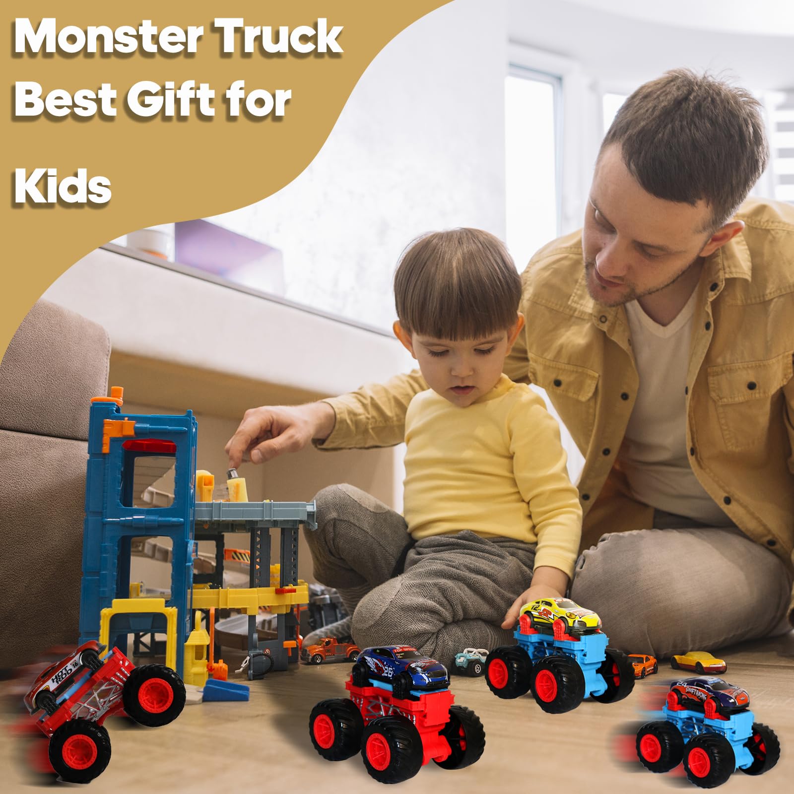 Golden Wheel 9-Pack Pull Back Cars & Monster Trucks - 1:64 Scale Die-Cast Toy Vehicles for Boys Age 3+ | Mini Race Car Set with Free Online Games | Perfect for Birthday Gifts, Playtime & Collecting