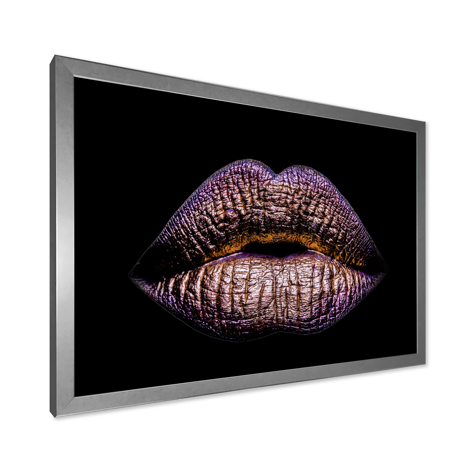 Golden Metallic Lips Wall Art - Modern Framed Female Lips Decor for Living Room, Bedroom & Office - Elegant Home Decor Gift Idea