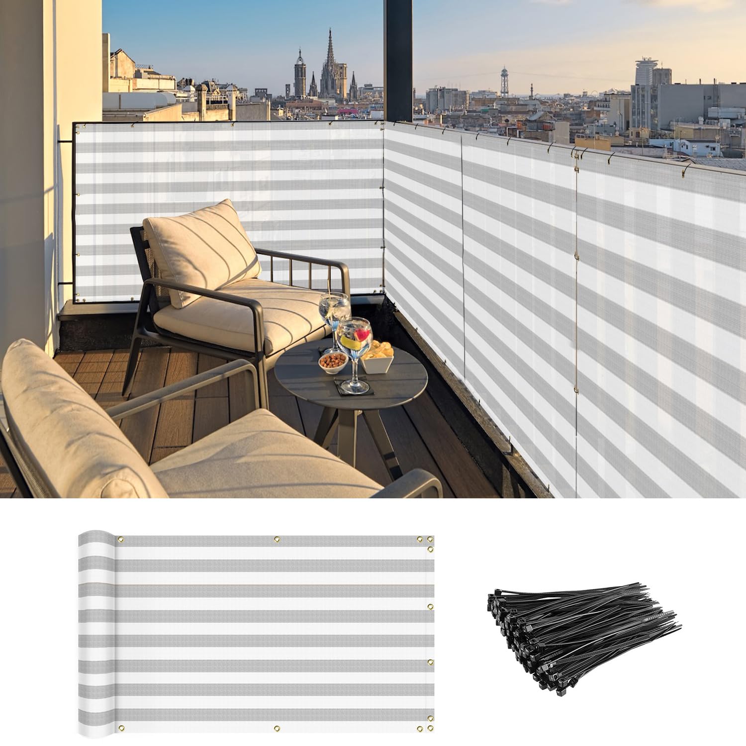 Coarbor 3'x88' Balcony Privacy Screen Mesh - UV Resistant 160GSM Fabric, 90% Sun Blockage for Porch, Deck, Patio & Backyard - Grey White Strip Design for Outdoor Shade & Wind Protection