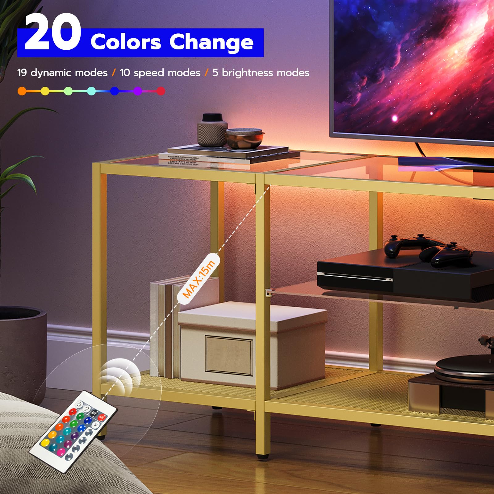 HOOBRO 65 Inch TV Stand with LED Lights & Power Outlets, Modern Tempered Glass TV Console Table with Open Shelves, Media Entertainment Center for Living Room - Gold (GD145UDS01) | Perfect for Home Theater Setup & Living Room Decor