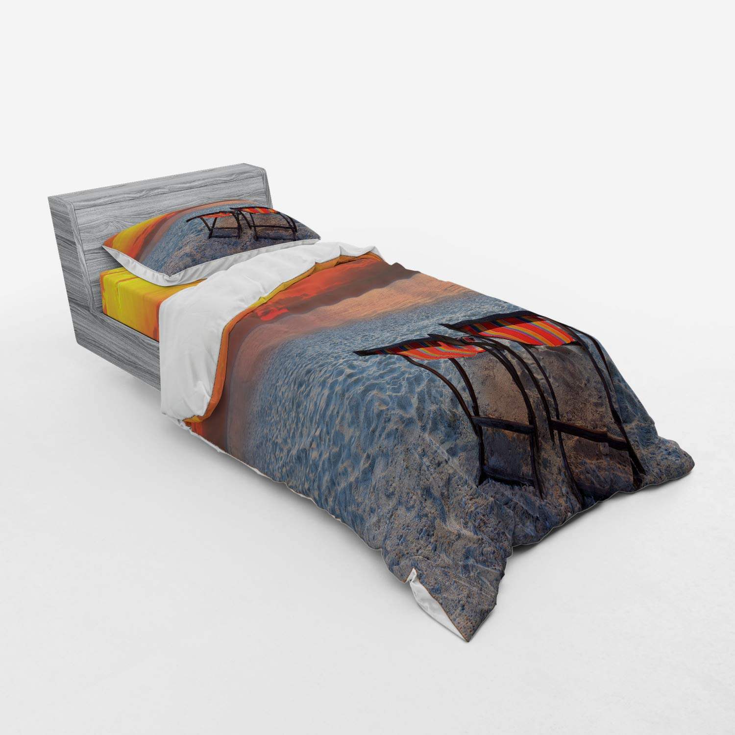 Ambesonne Coastal Bedding Set - 3 Piece Duvet Cover with Sham & Fitted Sheet, Twin Size, Orange Red Grey Beach Sunset Design - Perfect for Beach House Decor, Guest Room & Coastal Themed Bedrooms