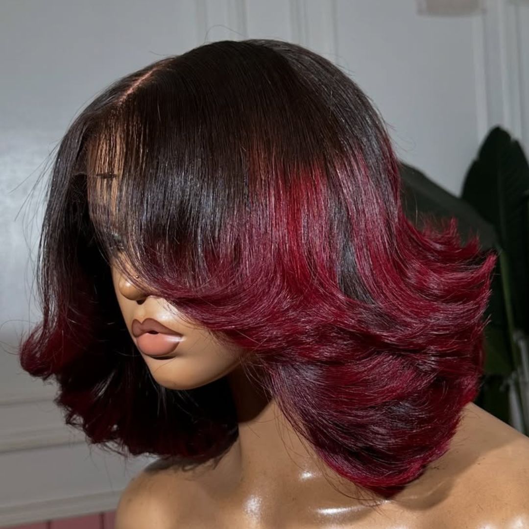 Eullair Designer Layered Curtain Bangs Wigs - Ombre 1B Red 13x4 Short Wavy Glueless Bob Wig for Women | Perfect for Cosplay, Daily Wear & Fashion Styling