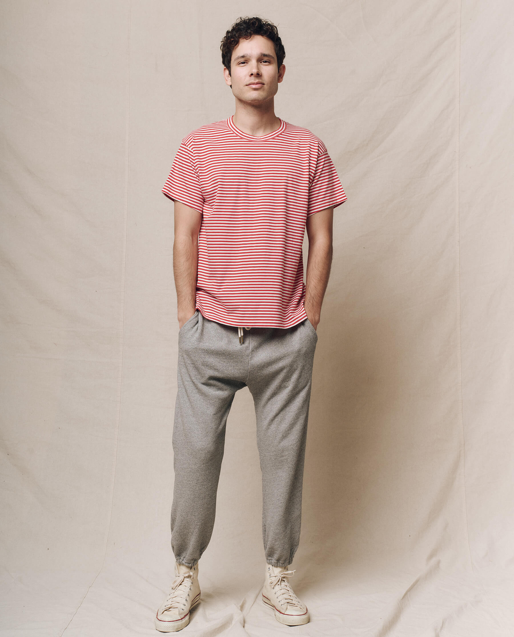 Men's Boxy Crew Neck T-Shirt - Sun Cherry Stripe Casual Tee for Everyday Wear & Summer Outfits