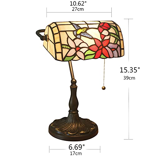 Vintage Tiffany Style Bankers Lamp - Stained Glass Shade & Antique Alloy Base Desk Light for Office, Piano, Bedroom, Living Room | Classic Green Table Lamp for Reading, Study & Night Light