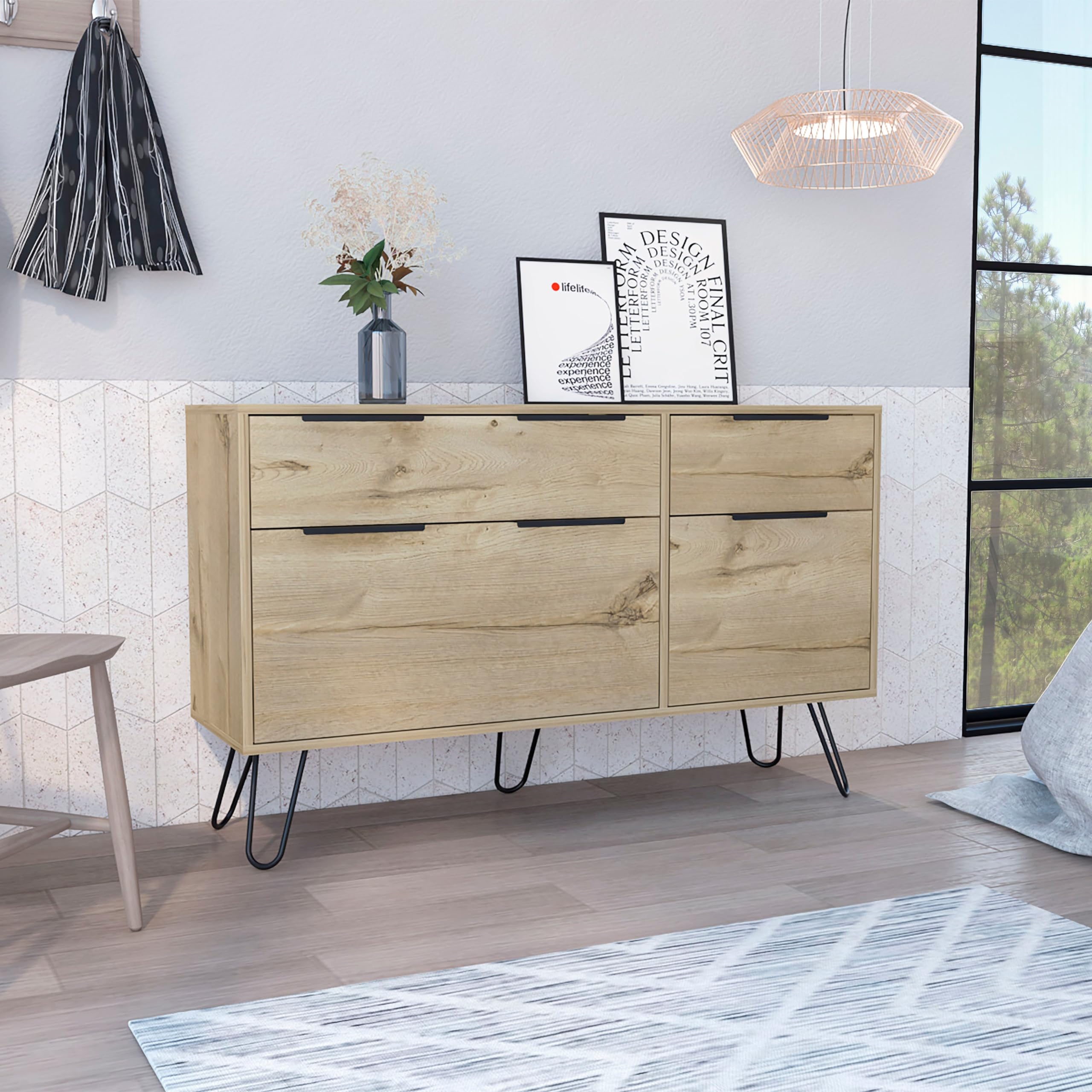 Tuhome Augusta Double Dresser with Superior Top & Hairpin Legs - 4 Drawers Light Oak for Bedroom & Living Room Storage